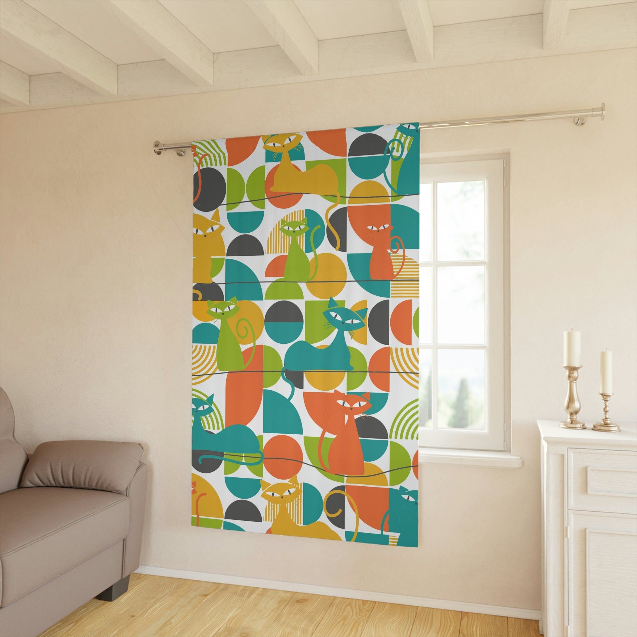 Mid Century Modern Curtains, Atomic Kitties, Geometric, Bold, Colorful, Orange, Teal, Yellow, Funky Fun, Kitsch Retro Window Curtains Home Decor Blackout / 50" × 84"