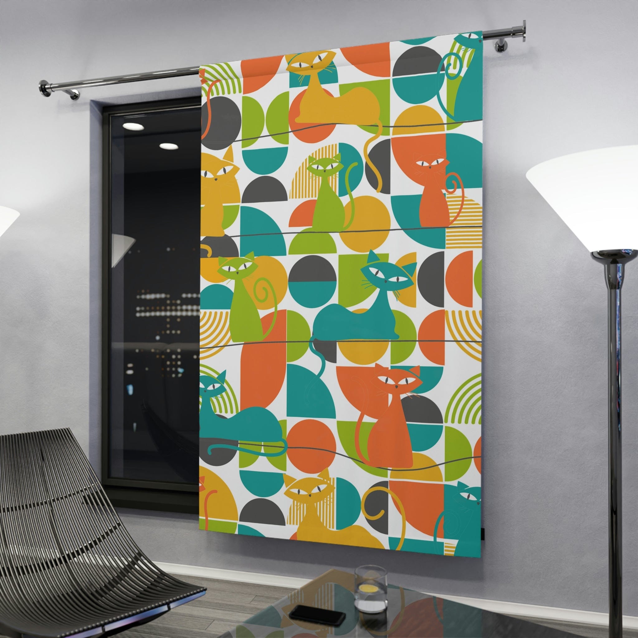Mid Century Modern Curtains, Atomic Kitties, Geometric, Bold, Colorful, Orange, Teal, Yellow, Funky Fun, Kitsch Retro Window Curtains Home Decor Blackout / 50" × 84"