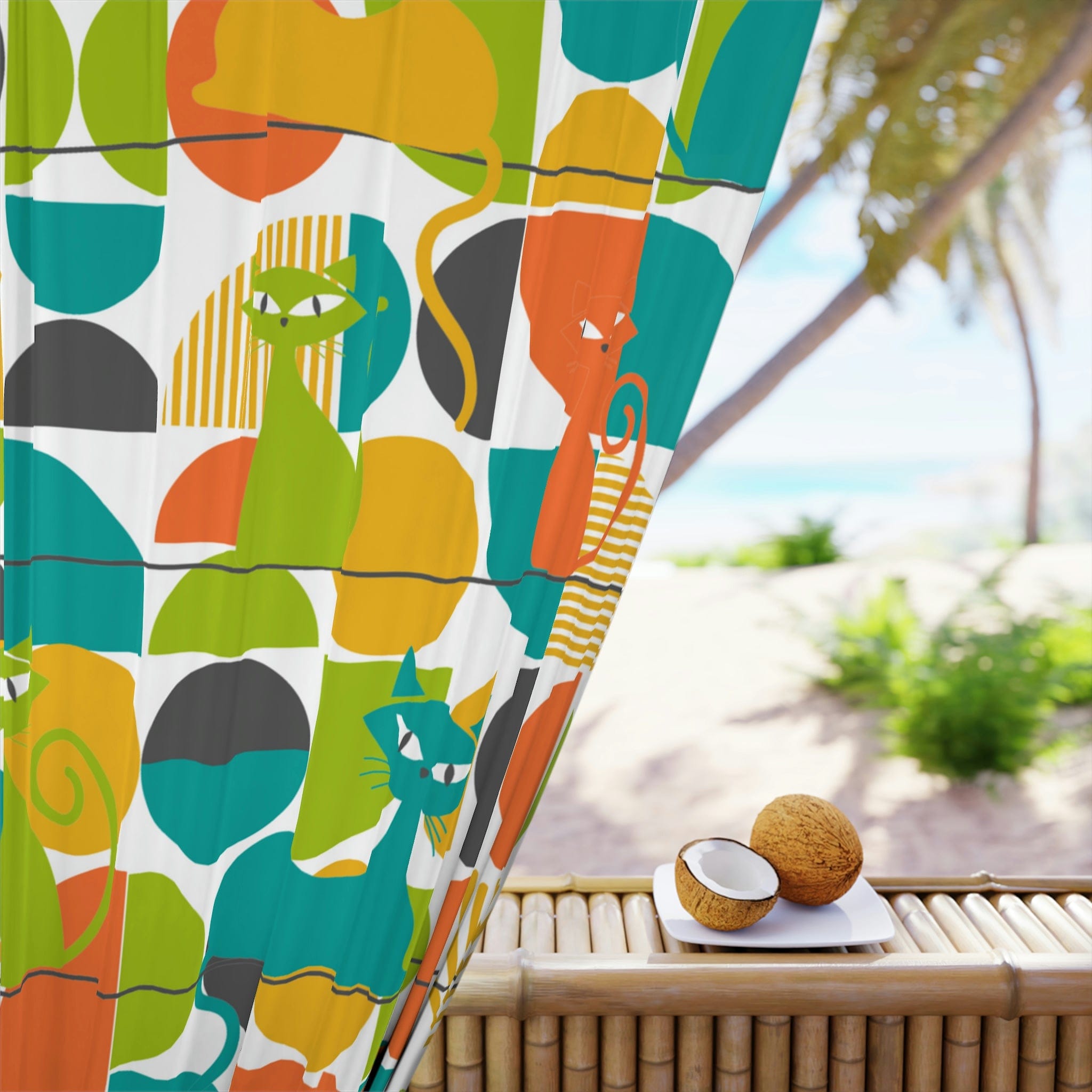 Mid Century Modern Curtains, Atomic Kitties, Geometric, Bold, Colorful, Orange, Teal, Yellow, Funky Fun, Kitsch Retro Window Curtains Home Decor Blackout / 50" × 84"