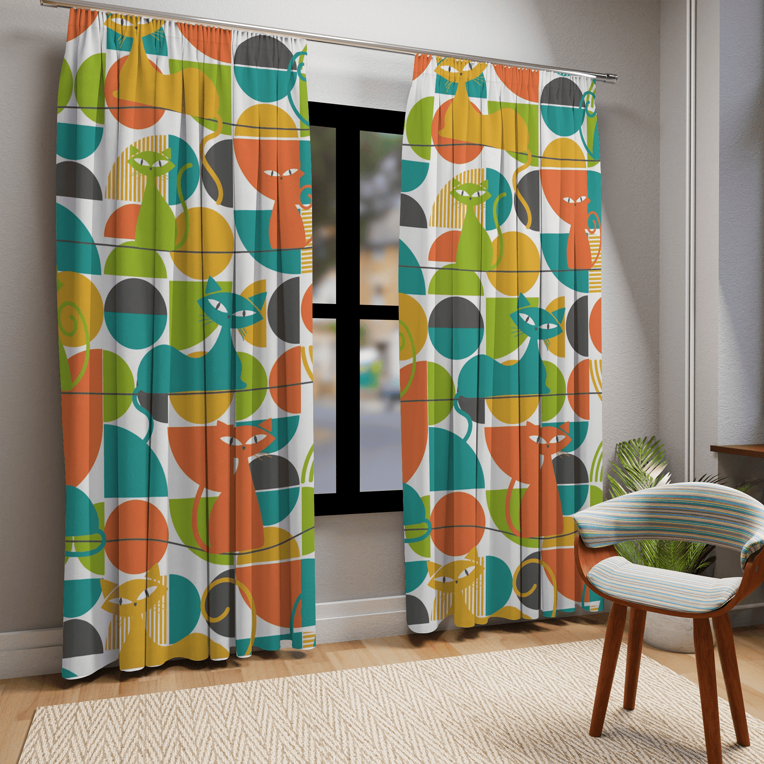 Mid Century Modern Curtains, Atomic Kitties, Geometric, Bold, Colorful, Orange, Teal, Yellow, Funky Fun, Kitsch Retro Window Curtains Home Decor Blackout / 50" × 84"