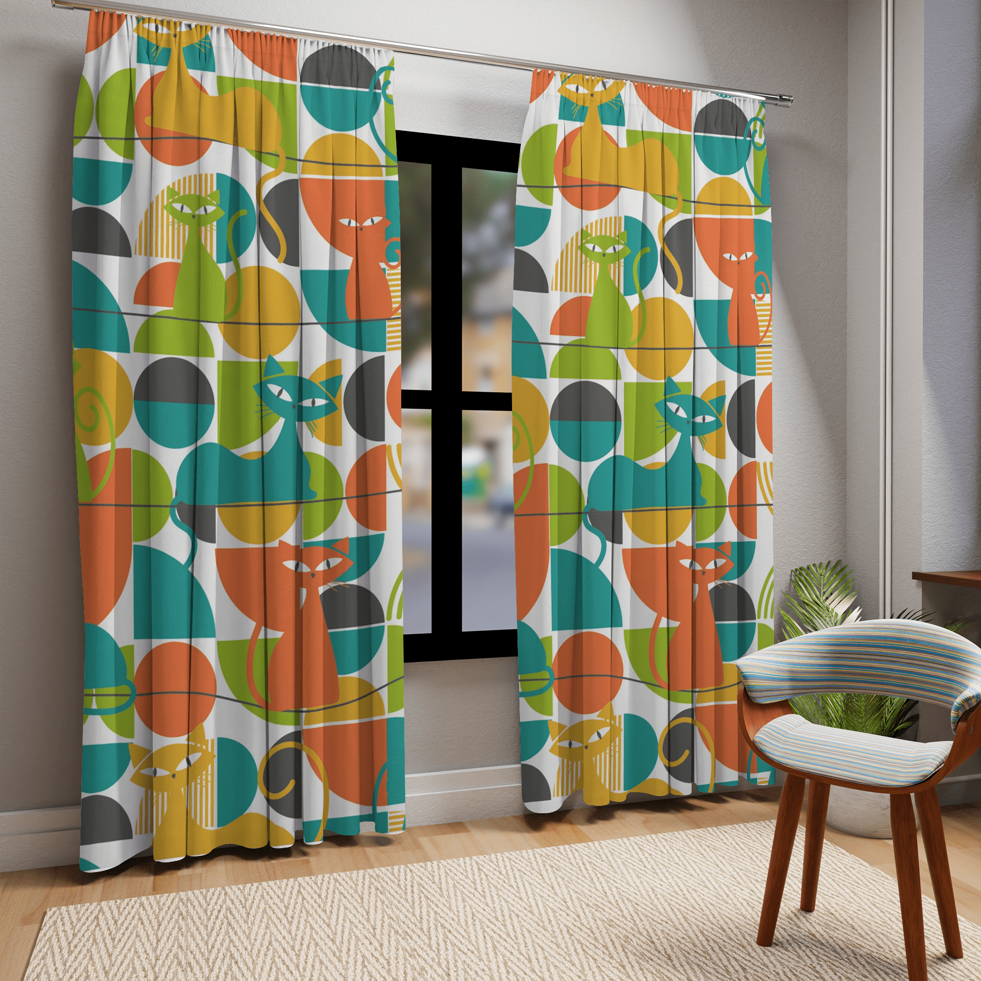 Mid Century Modern Curtains, Atomic Kitties, Geometric, Bold, Colorful, Orange, Teal, Yellow, Funky Fun, Kitsch Retro Window Curtains Home Decor Blackout / 50" × 84"