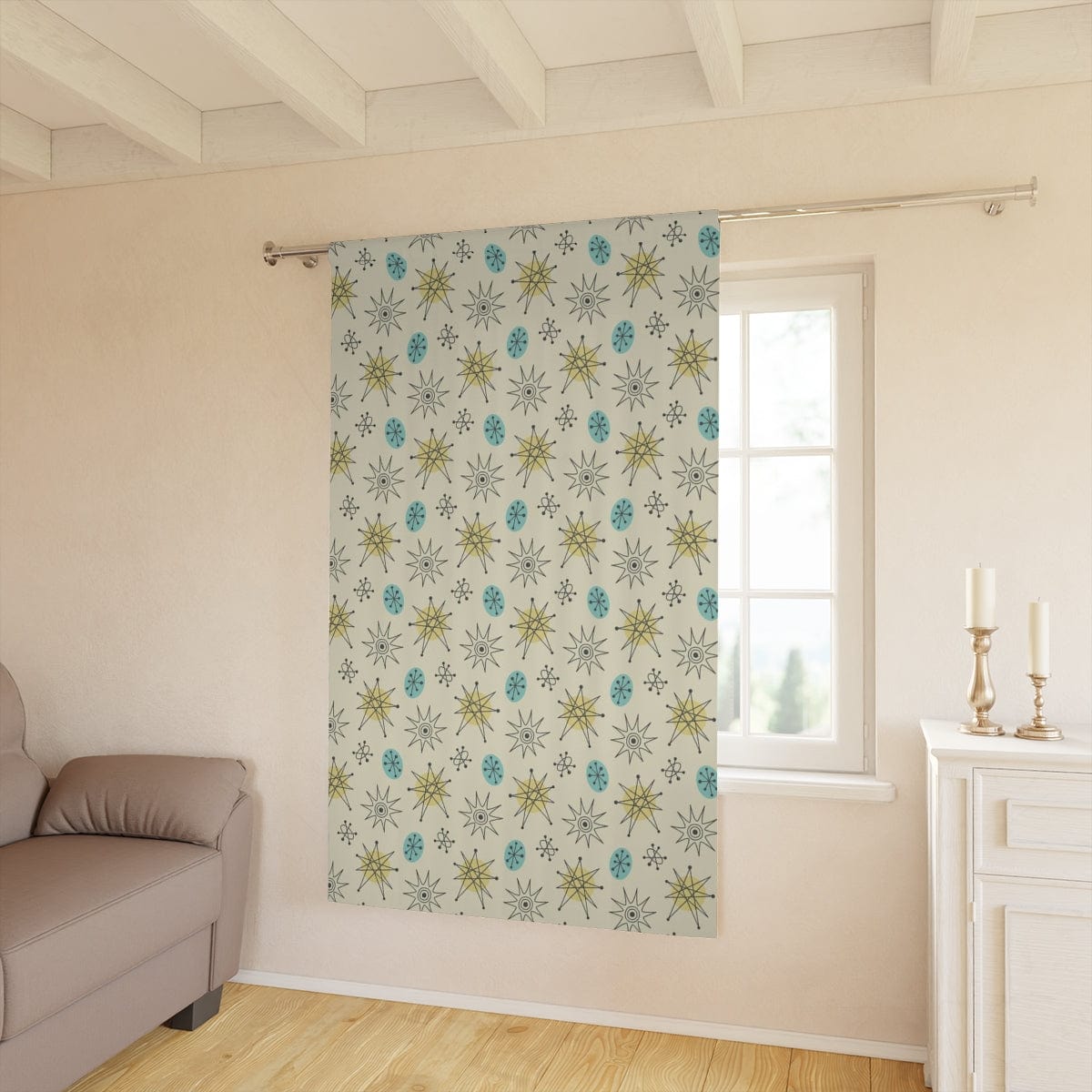 Mid Century Modern Curtains, Creamy Beige, Aqua Blue, Mustard Yellow, Franciscan Starburst, Retro Mid Mod Window Curtain Home Decor Blackout / 50" × 84"