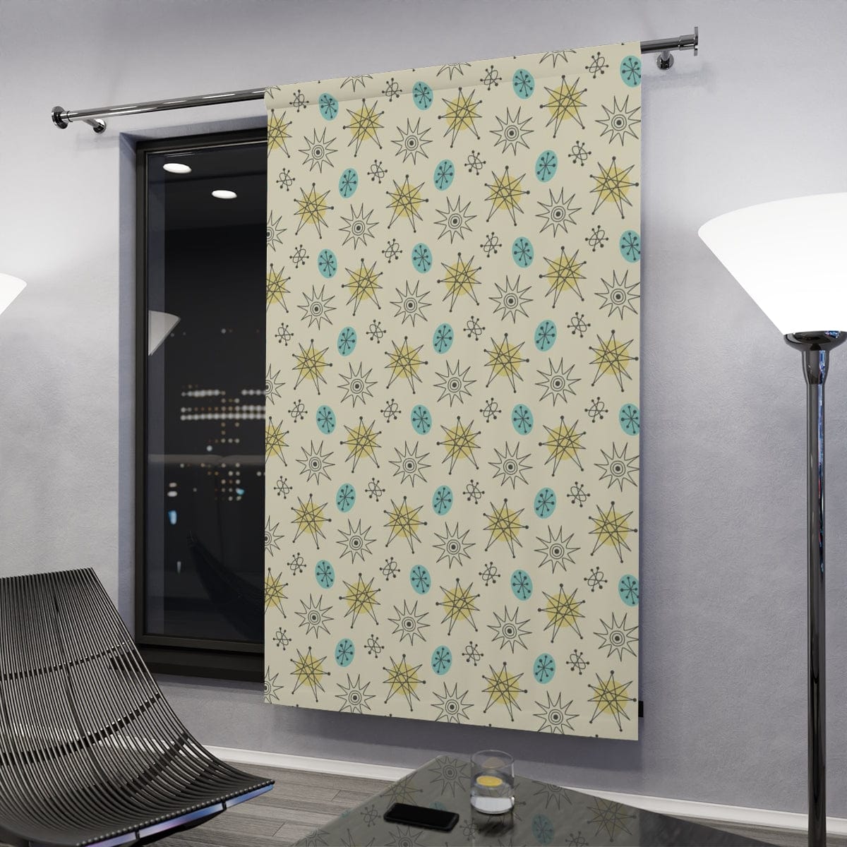 Mid Century Modern Curtains, Creamy Beige, Aqua Blue, Mustard Yellow, Franciscan Starburst, Retro Mid Mod Window Curtain Home Decor Blackout / 50" × 84"