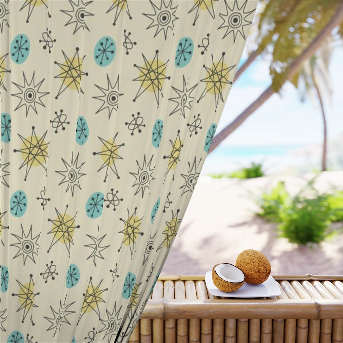 Mid Century Modern Curtains, Creamy Beige, Aqua Blue, Mustard Yellow, Franciscan Starburst, Retro Mid Mod Window Curtain Home Decor Blackout / 50" × 84"