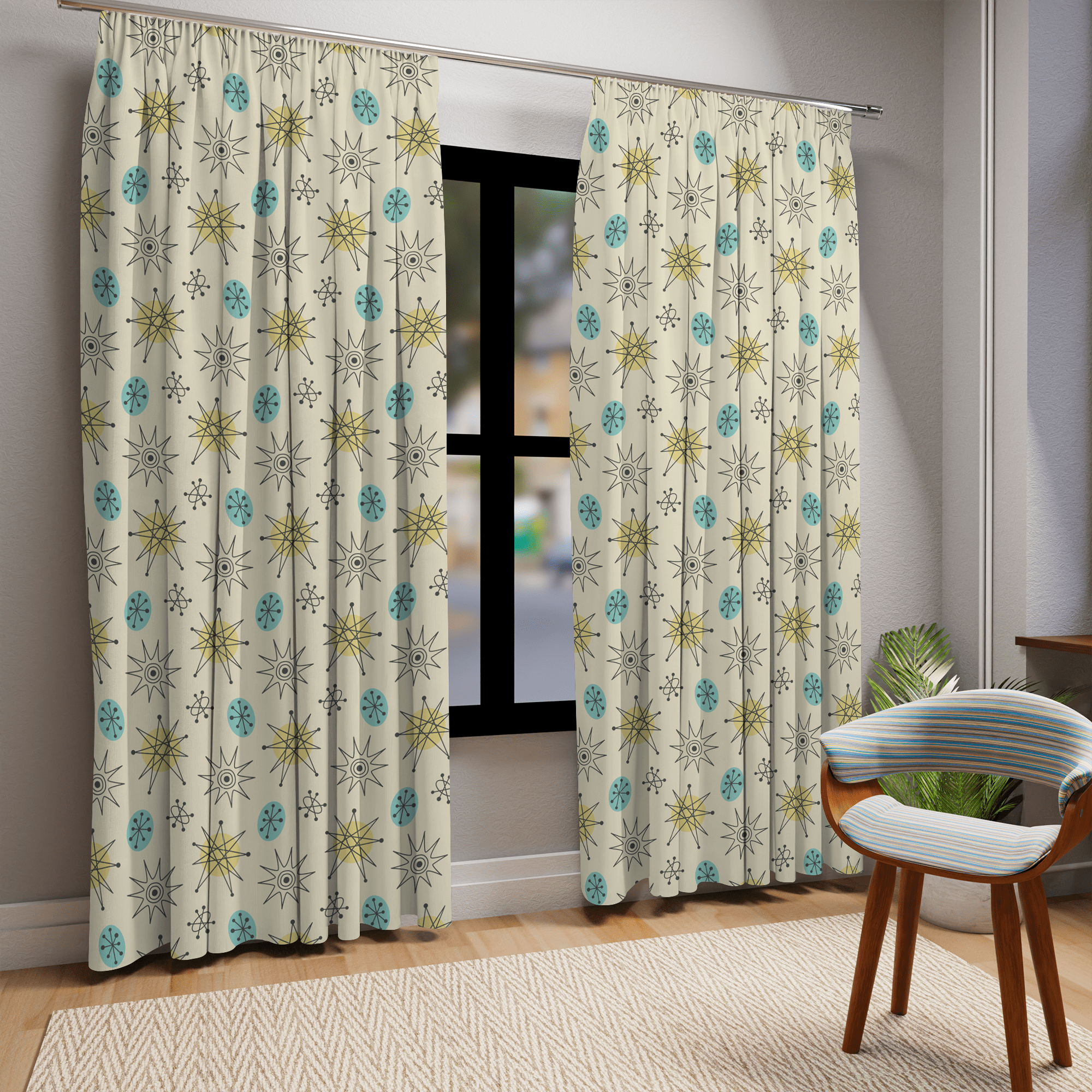 Mid Century Modern Curtains, Creamy Beige, Aqua Blue, Mustard Yellow, Franciscan Starburst, Retro Mid Mod Window Curtain Home Decor Blackout / 50" × 84"