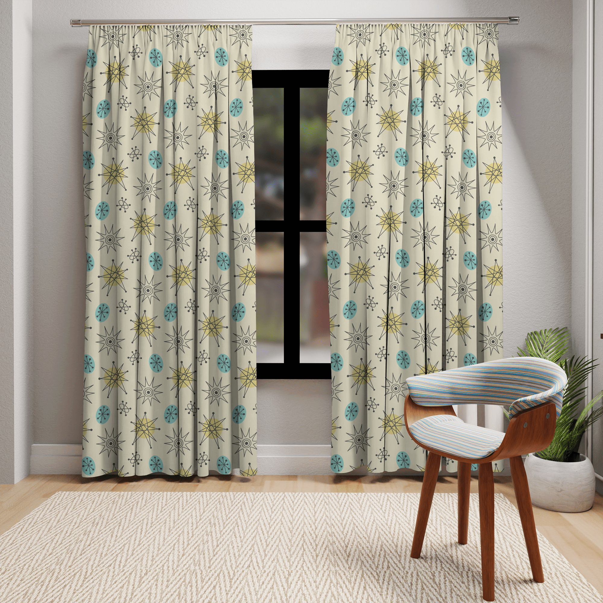 Mid Century Modern Curtains, Creamy Beige, Aqua Blue, Mustard Yellow, Franciscan Starburst, Retro Mid Mod Window Curtain Home Decor Blackout / 50" × 84"