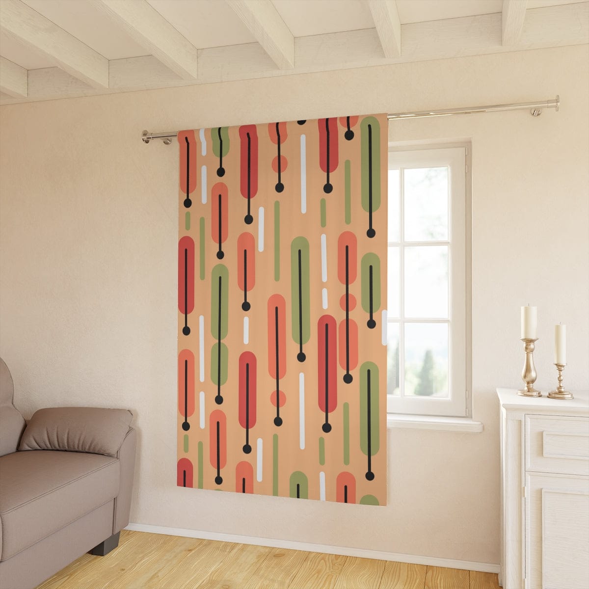 Mid Century Modern Curtains, Salmon Color, Green, White Scandinavian Modern Danish Design, Retro Funky Window Curtains Home Decor Blackout / 50" × 84"