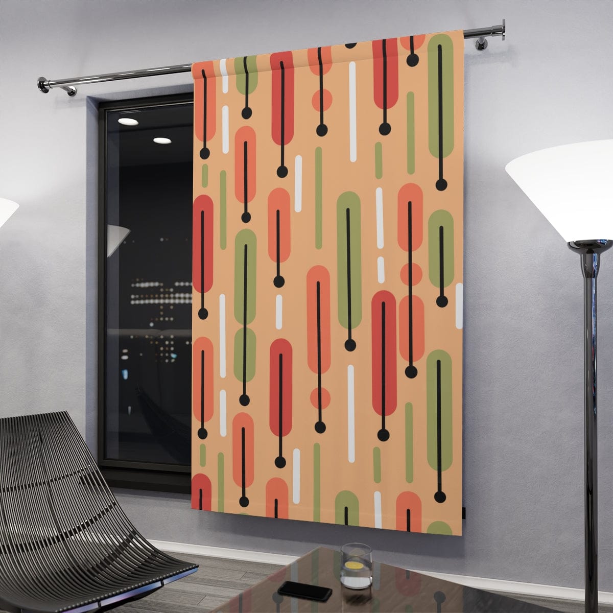 Mid Century Modern Curtains, Salmon Color, Green, White Scandinavian Modern Danish Design, Retro Funky Window Curtains Home Decor Blackout / 50" × 84"