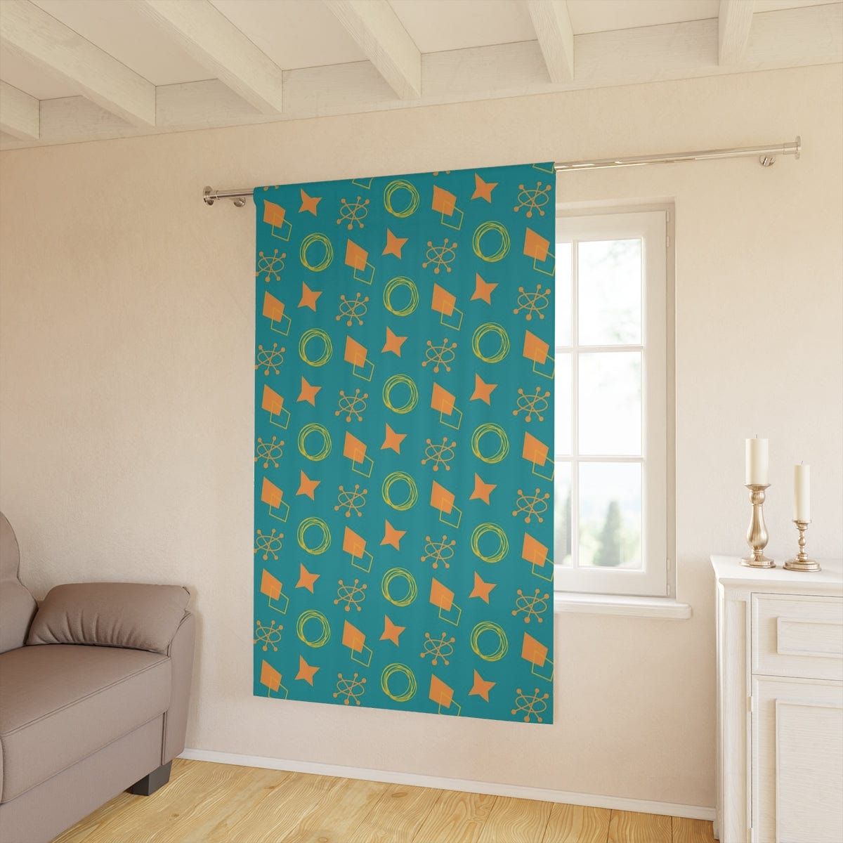 Mid Century Modern Curtains, Teal Blue, Orange, Retro Astro Starburst, Geometric Circles, Mod, MCM Window Curtain Home Decor Blackout / 50" × 84"