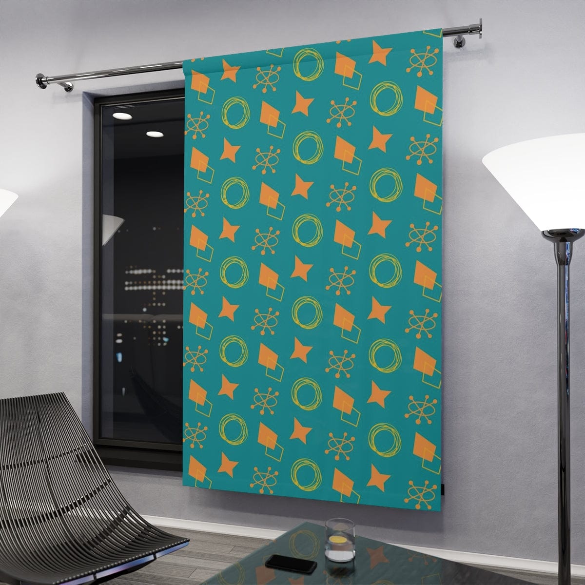 Mid Century Modern Curtains, Teal Blue, Orange, Retro Astro Starburst, Geometric Circles, Mod, MCM Window Curtain Home Decor Blackout / 50" × 84"