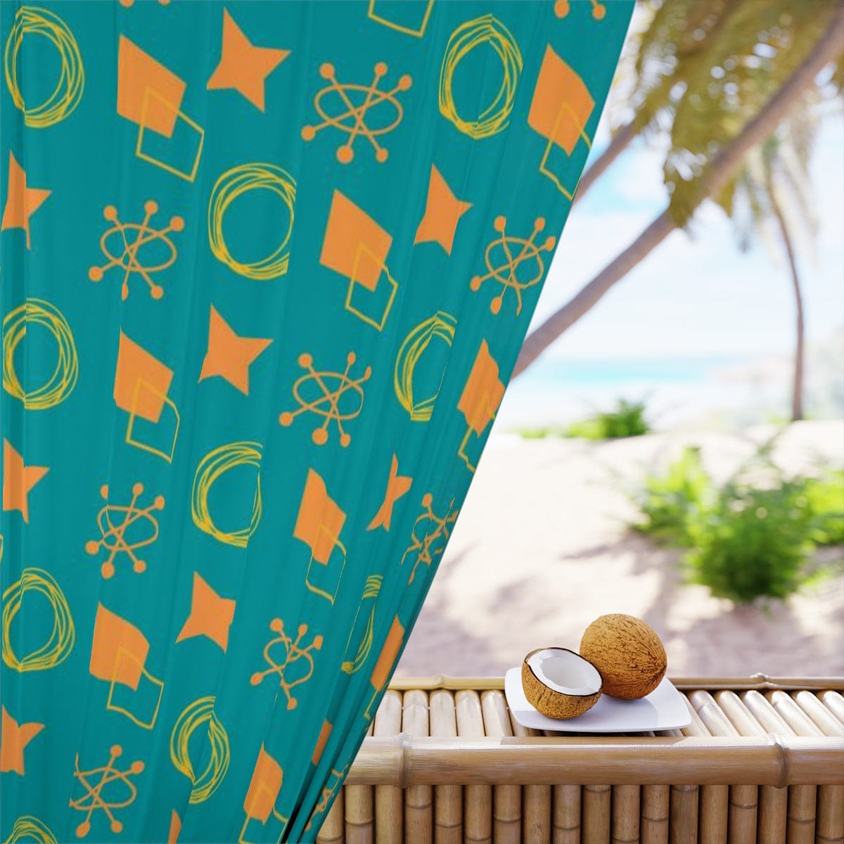 Mid Century Modern Curtains, Teal Blue, Orange, Retro Astro Starburst, Geometric Circles, Mod, MCM Window Curtain Home Decor Blackout / 50" × 84"