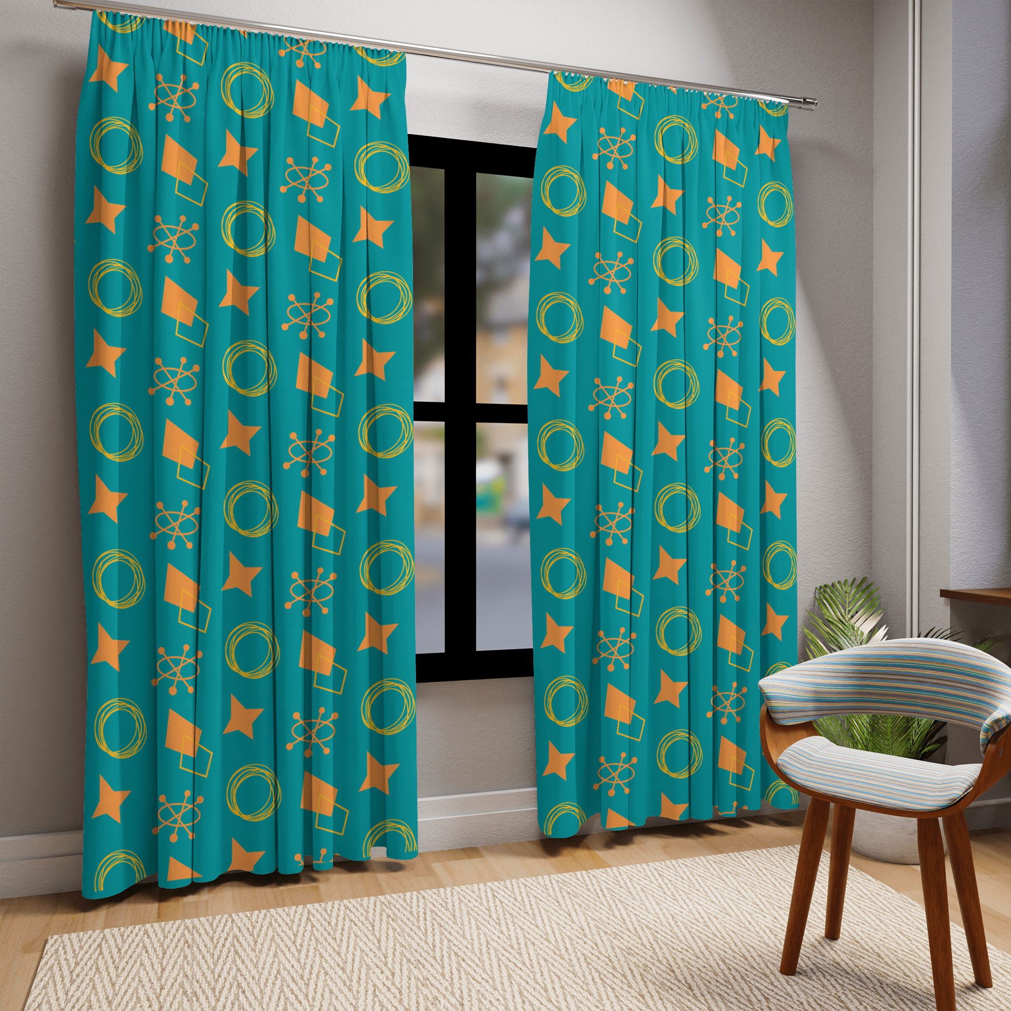 Mid Century Modern Curtains, Teal Blue, Orange, Retro Astro Starburst, Geometric Circles, Mod, MCM Window Curtain Home Decor Blackout / 50" × 84"