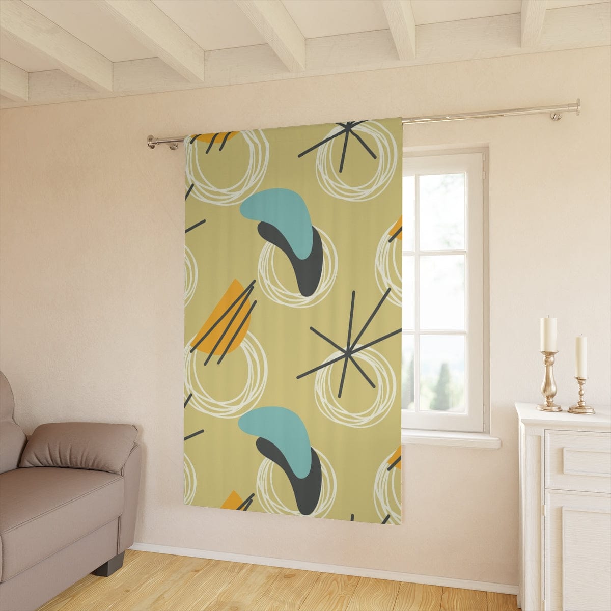 Mid Century Modern Curtains, Yellow, Blue Gray Abstract Boomerang Retro MCM Window Curtains Home Decor Blackout / 50" × 84"