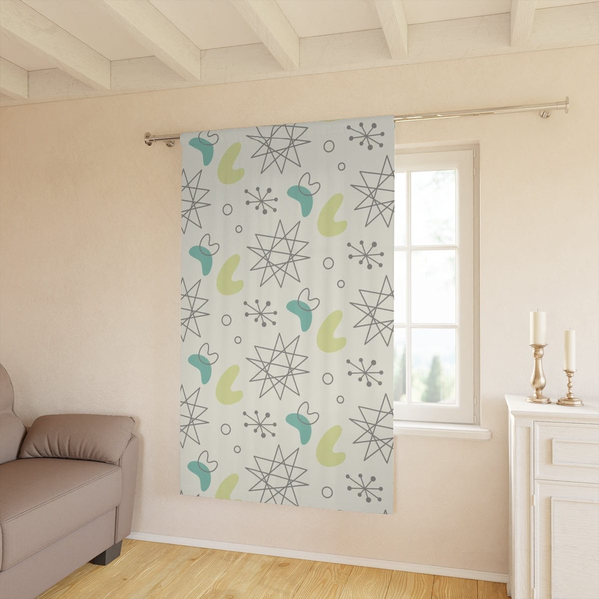 Mid Century Modern, Futuristic, Atomic Home Living, Retro, Boomerang, Creamy White, Green,Yellow, Gray MCM Window Curtains Home Decor Blackout / 50" × 84"