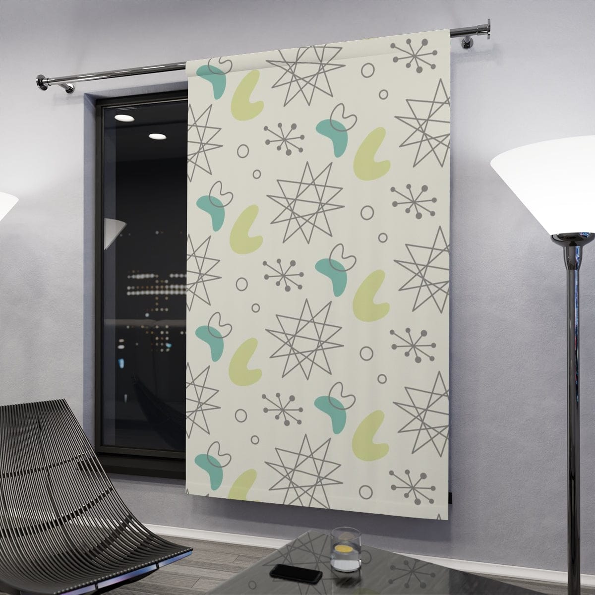 Mid Century Modern, Futuristic, Atomic Home Living, Retro, Boomerang, Creamy White, Green,Yellow, Gray MCM Window Curtains Home Decor Blackout / 50" × 84"