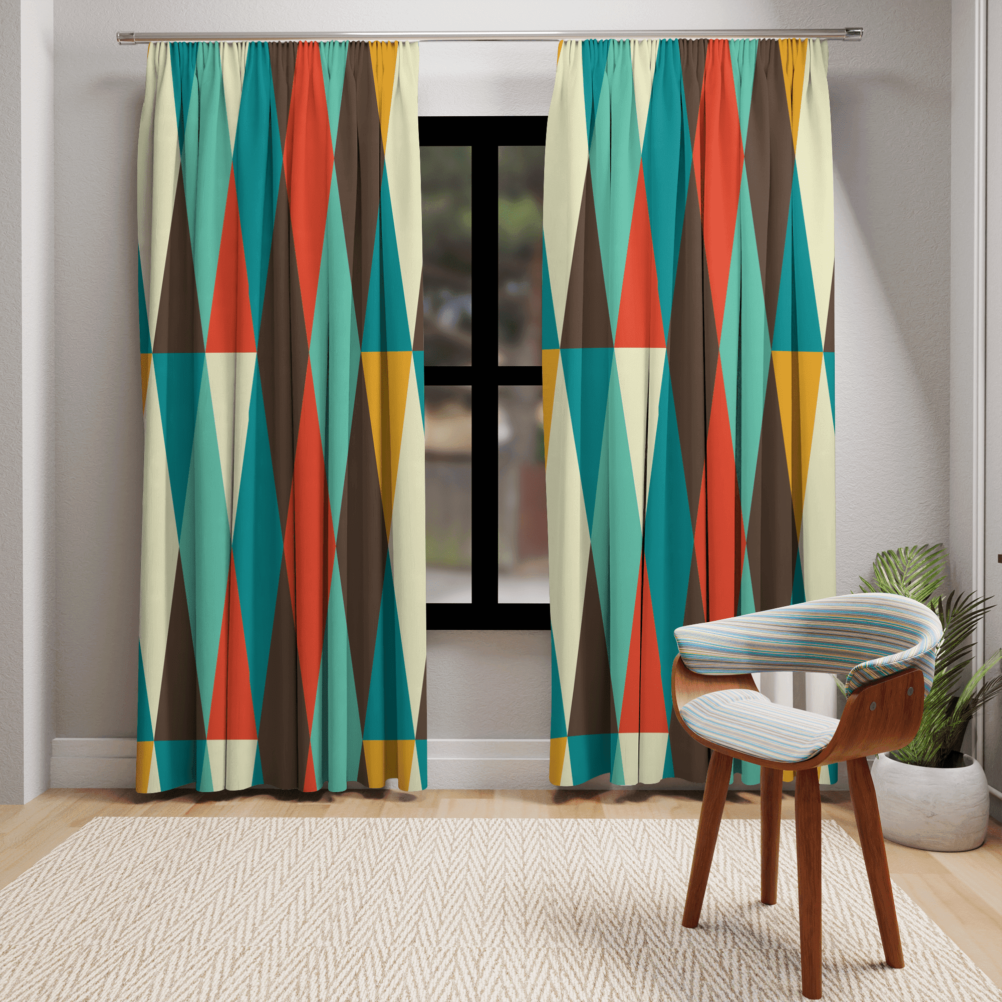 Mid Century Modern, Geometric, Retro, Mod, Teal Blue, Mustard Yellow, Chocolate Brown, Burnt Orange, Blackout Window Curtains Home Decor Blackout / 50" × 84"