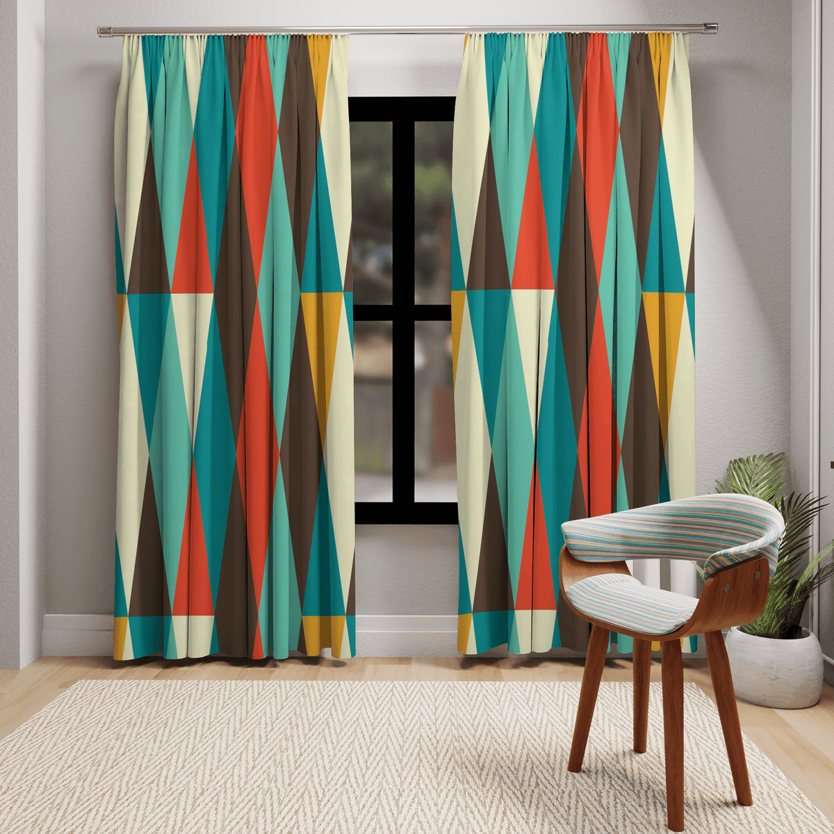 Mid Century Modern, Geometric, Retro, Mod, Teal Blue, Mustard Yellow, Chocolate Brown, Burnt Orange, Blackout Window Curtains Home Decor Blackout / 50" × 84"