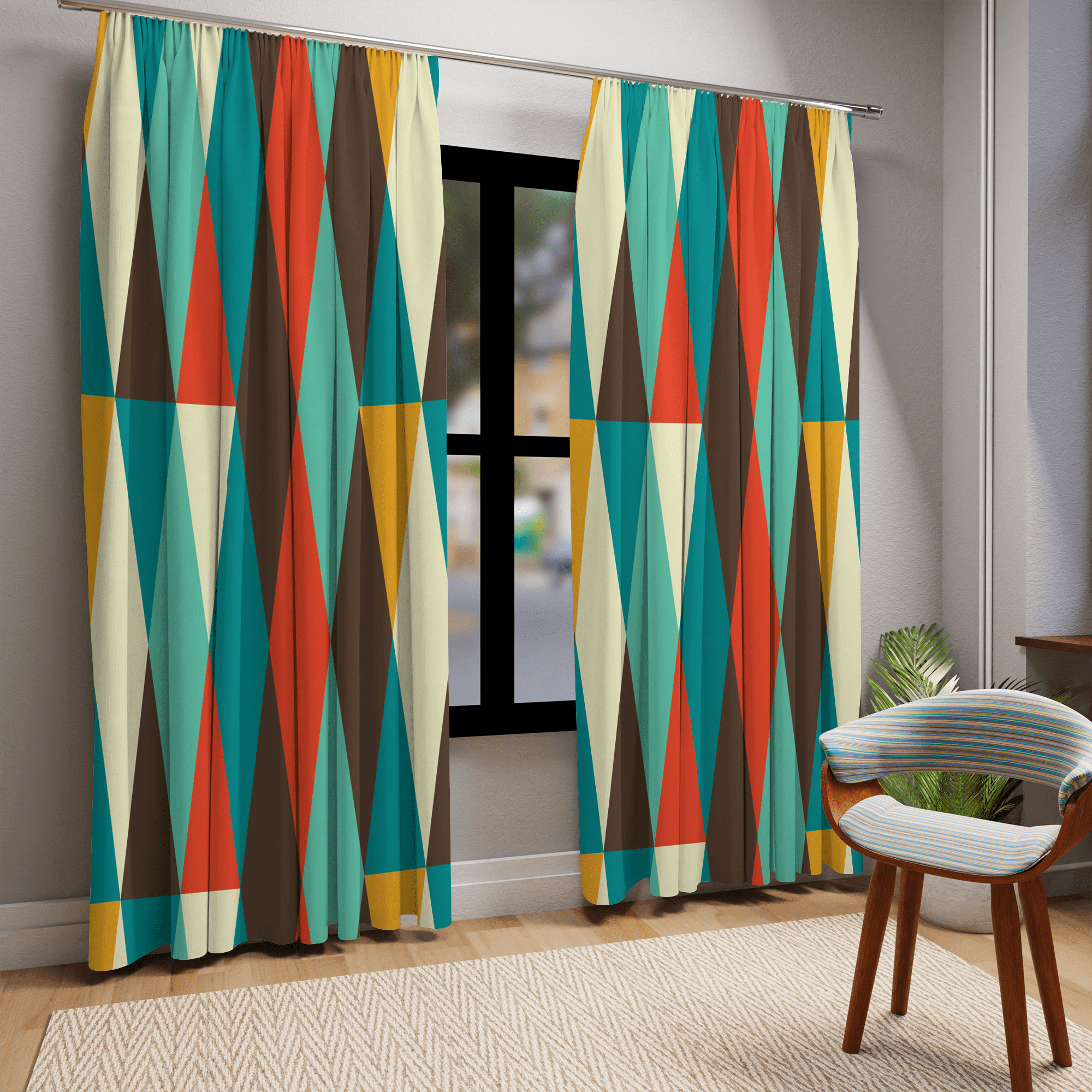Mid Century Modern, Geometric, Retro, Mod, Teal Blue, Mustard Yellow, Chocolate Brown, Burnt Orange, Blackout Window Curtains Home Decor Blackout / 50" × 84"