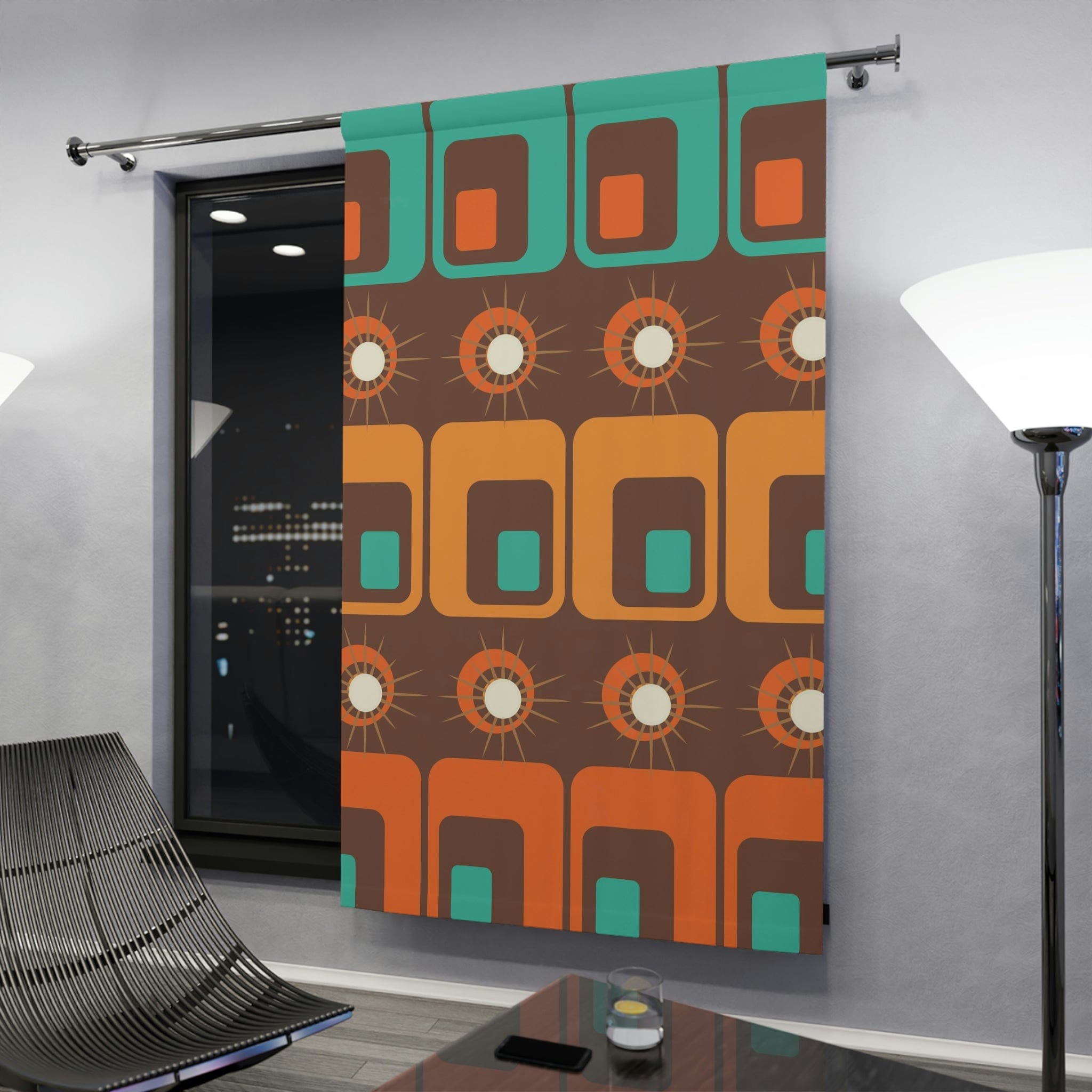 Mid Century Modern Geometric Retro Window Curtains, Atomic, Chocolate Brown, Orange, Mustard Yellow, MCM Home Living Home Decor Blackout / 50" × 84"