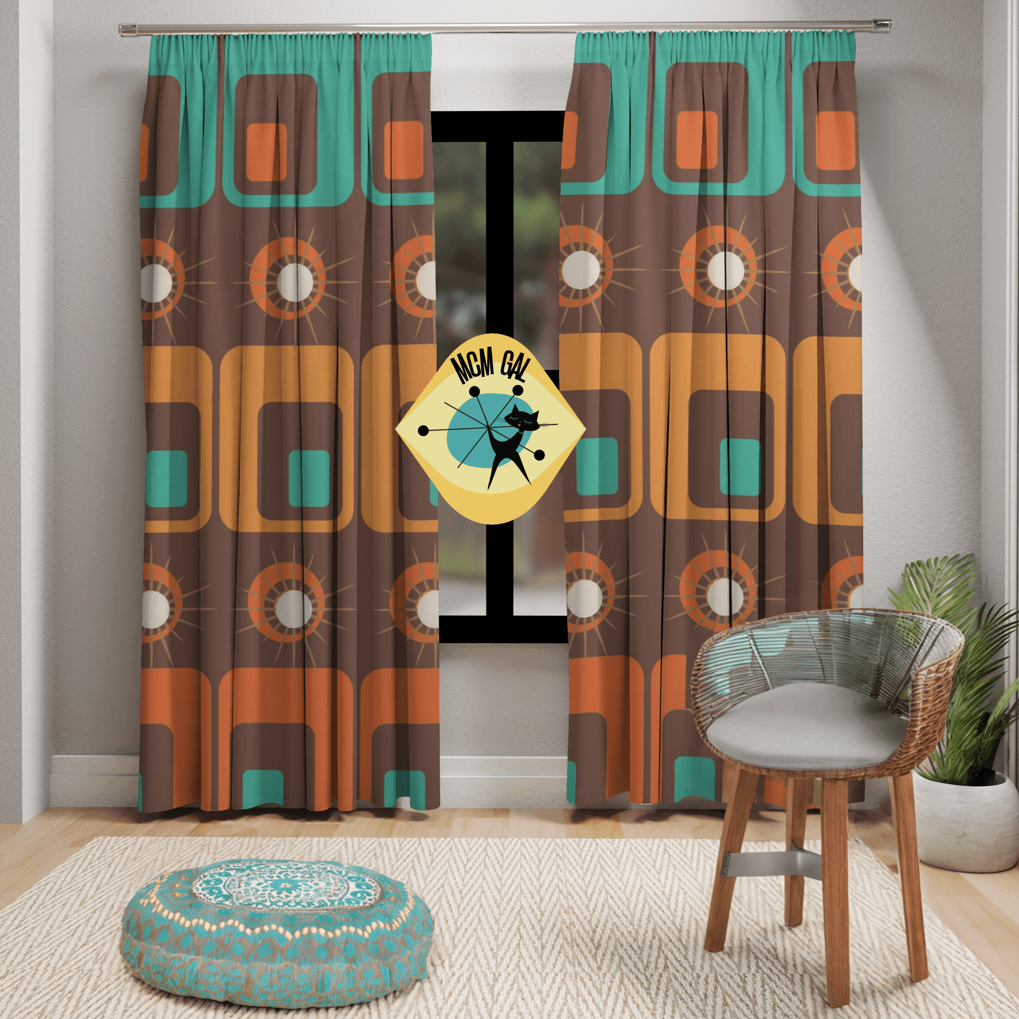 Mid Century Modern Geometric Retro Window Curtains, Atomic, Chocolate Brown, Orange, Mustard Yellow, MCM Home Living Home Decor Blackout / 50" × 84"