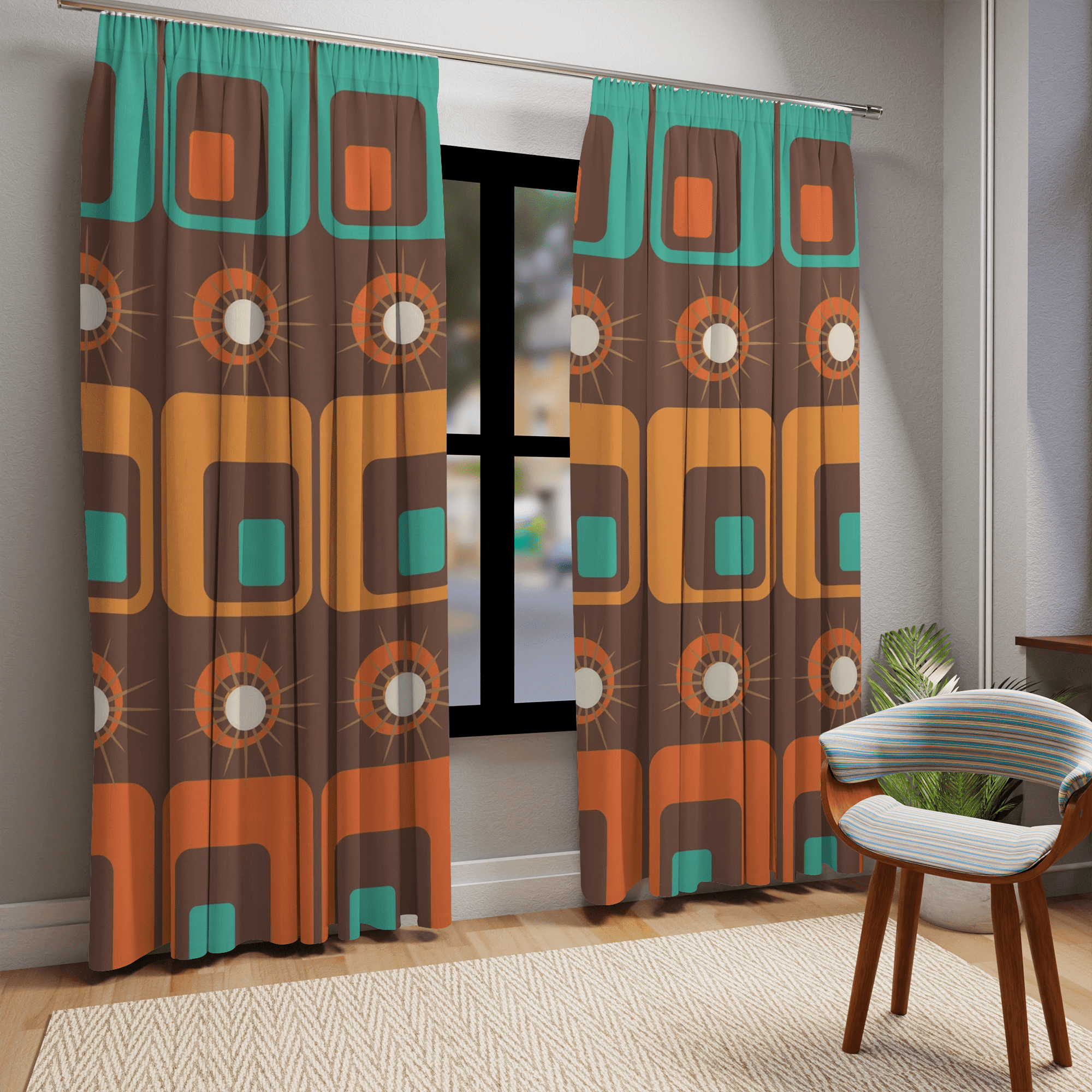 Mid Century Modern Geometric Retro Window Curtains, Atomic, Chocolate Brown, Orange, Mustard Yellow, MCM Home Living Home Decor Blackout / 50" × 84"