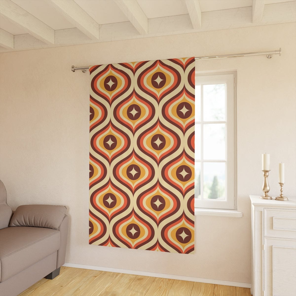 Mid Century Modern Groovy 70's, Brown, Orange Yellow, Atomic Diamond, Retro MCM Window Curtains In Blackout Or Sheer Home Decor Blackout / 50" × 84"