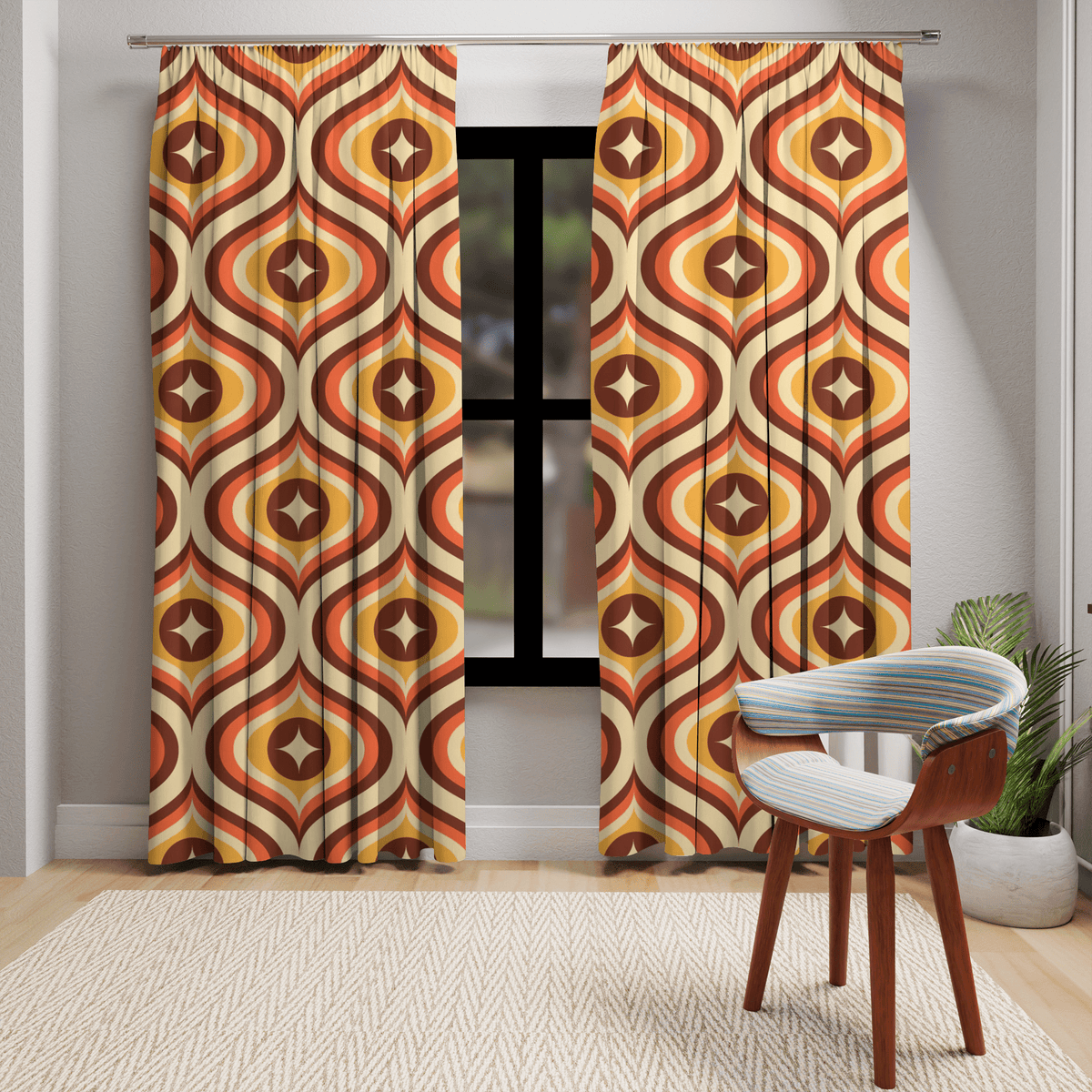 Mid Century Modern Groovy 70's, Brown, Orange Yellow, Atomic Diamond, Retro MCM Window Curtains In Blackout Or Sheer Home Decor Blackout / 50" × 84"