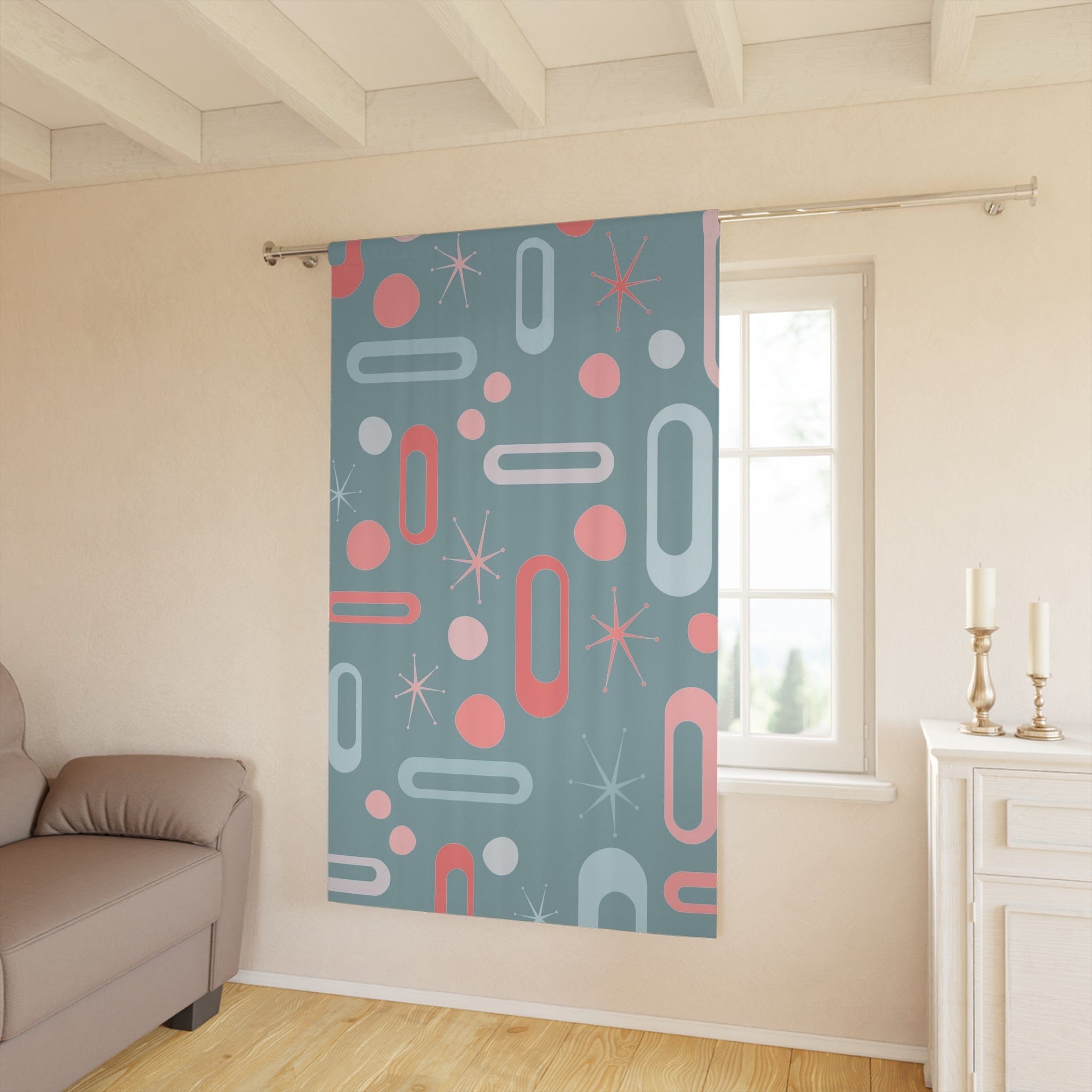 Mid Century Modern Home Decor Blackout Window Curtain, Ice Blue, Pink, Coral, MCM Atomic Starburst, Geometric, Retro Design Home Decor Blackout / 50" × 84"
