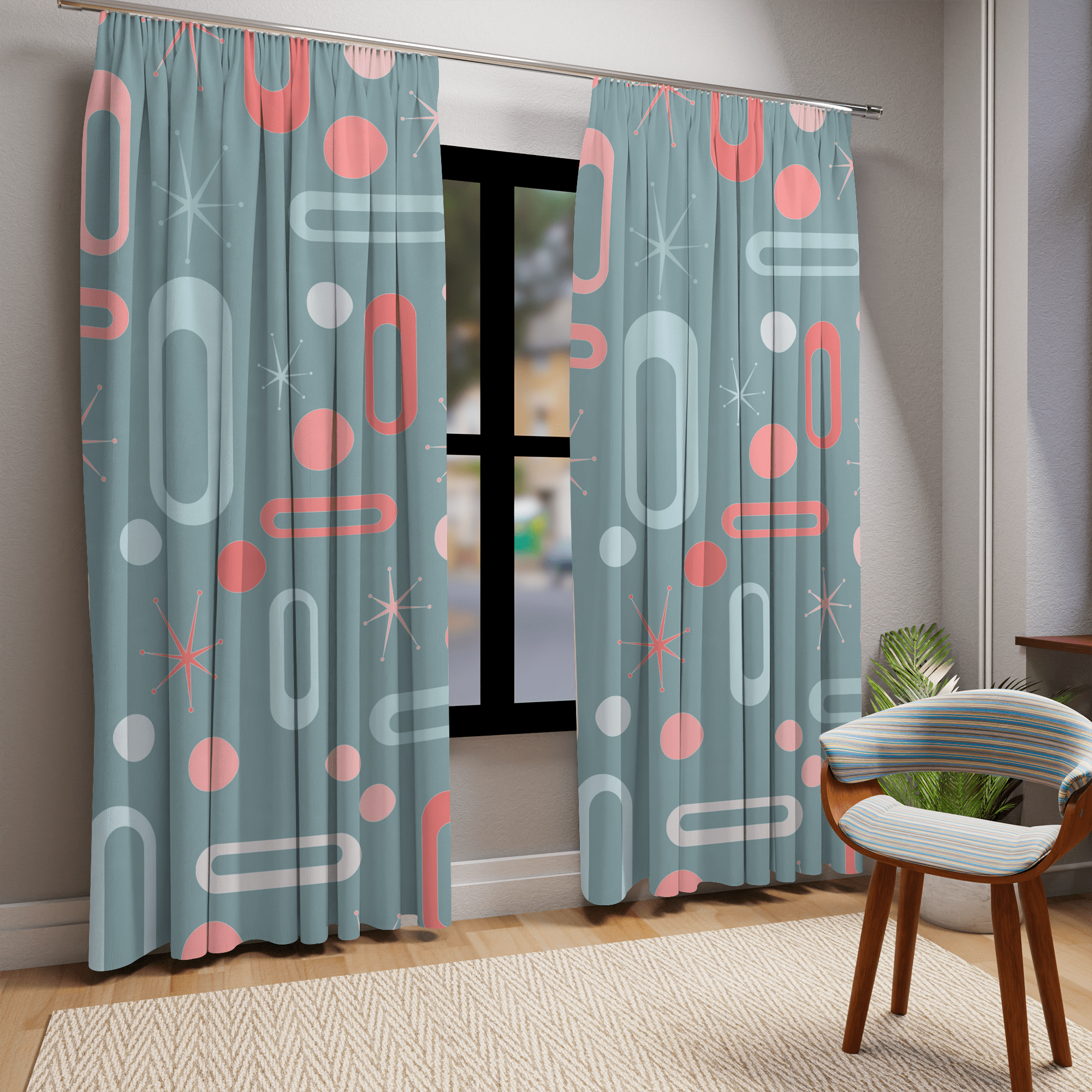 Mid Century Modern Home Decor Blackout Window Curtain, Ice Blue, Pink, Coral, MCM Atomic Starburst, Geometric, Retro Design Home Decor Blackout / 50" × 84"