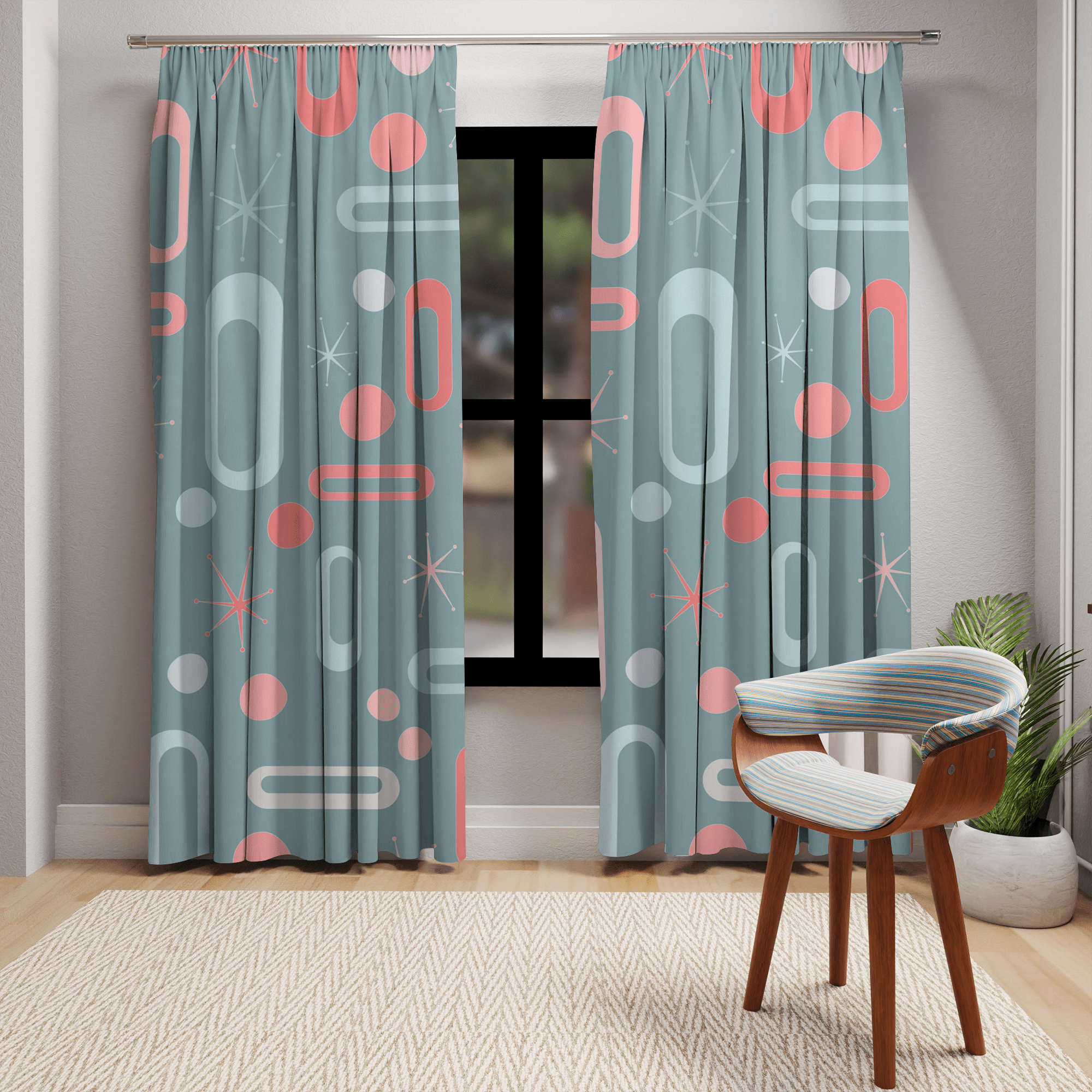 Mid Century Modern Home Decor Blackout Window Curtain, Ice Blue, Pink, Coral, MCM Atomic Starburst, Geometric, Retro Design Home Decor Blackout / 50" × 84"