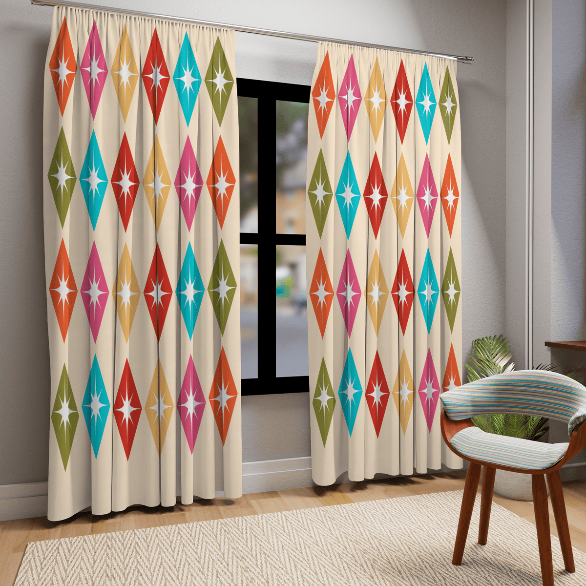 Mid Century Modern, Retro Harlequin Diamonds, Hot Pink, Yellow, Orange, Verde Green, Turquoise Blue Beige MCM Black Out Custom Window Curtains Home Decor Blackout / 50" × 84"