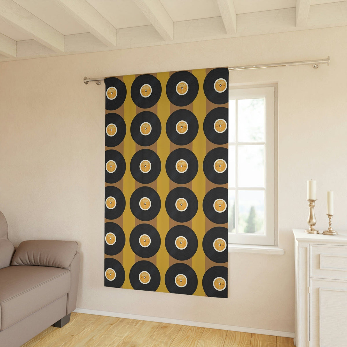 Mid Century Modern, Retro Record, Man Cave, Music Room, Livingroom, Mod Mustard Yellow, Black Groovy Window Curtains Home Decor Blackout / 50" × 84"