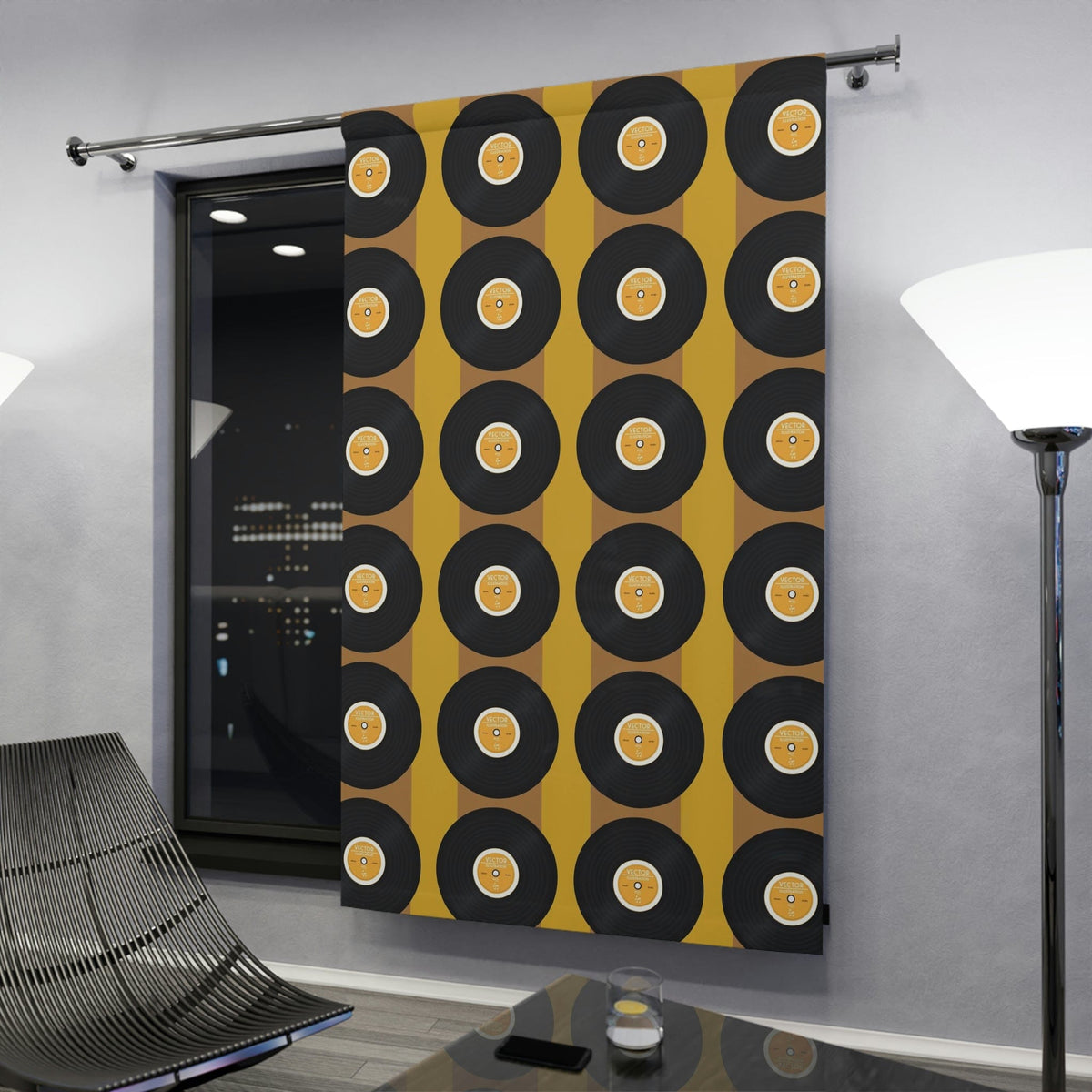Mid Century Modern, Retro Record, Man Cave, Music Room, Livingroom, Mod Mustard Yellow, Black Groovy Window Curtains Home Decor Blackout / 50" × 84"