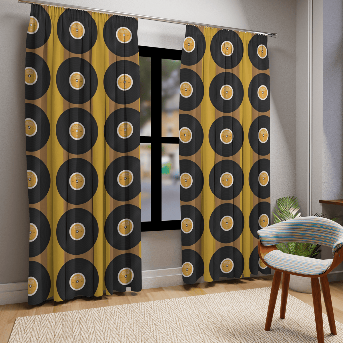 Mid Century Modern, Retro Record, Man Cave, Music Room, Livingroom, Mod Mustard Yellow, Black Groovy Window Curtains Home Decor Blackout / 50" × 84"