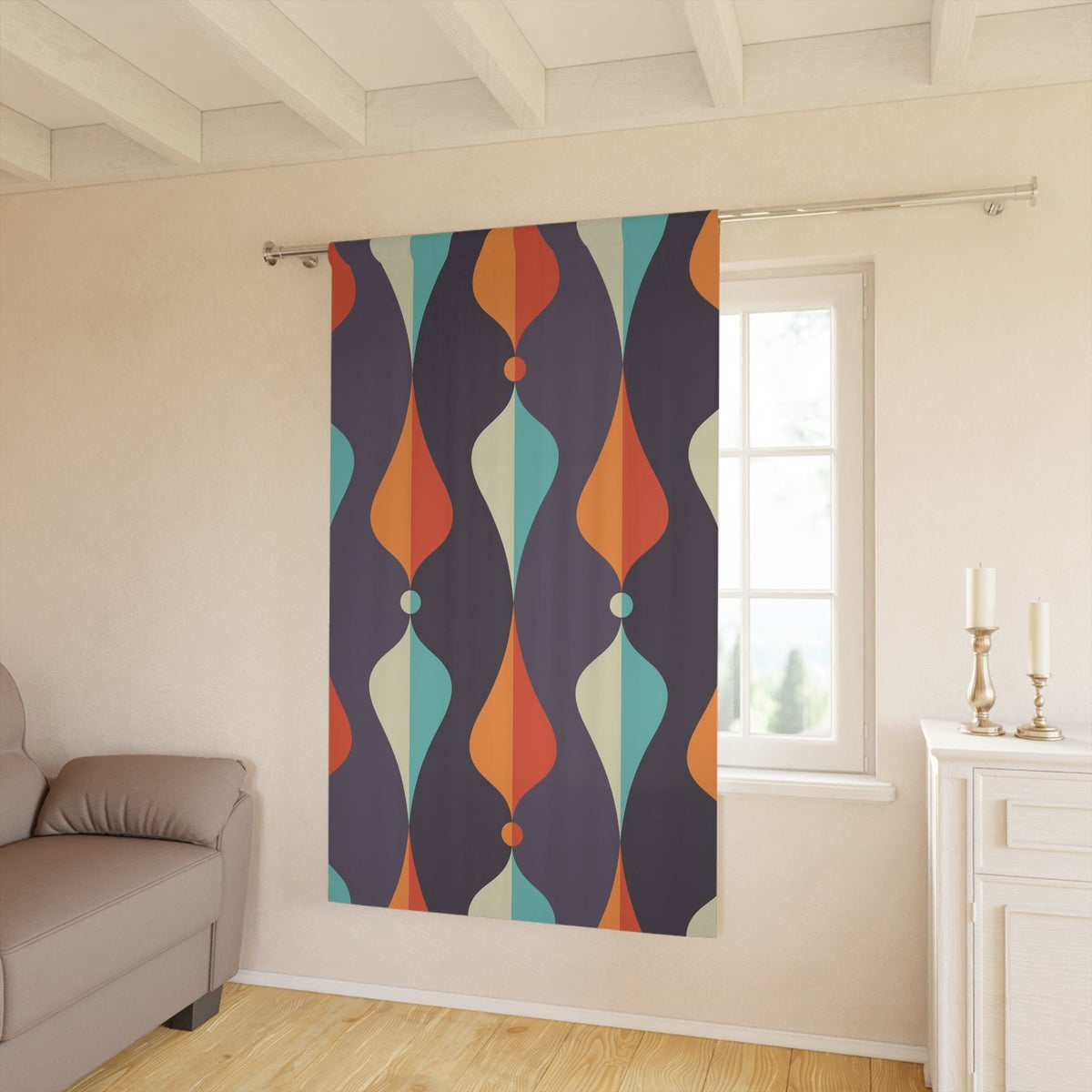 Mid Century Modern Window Curtains Geometric Groovy Wave Lanterns, Eggplant Purple, Orange, Mustard Yellow, Teal, Retro Home Mod Home Decor Home Decor Blackout / 50" × 84"