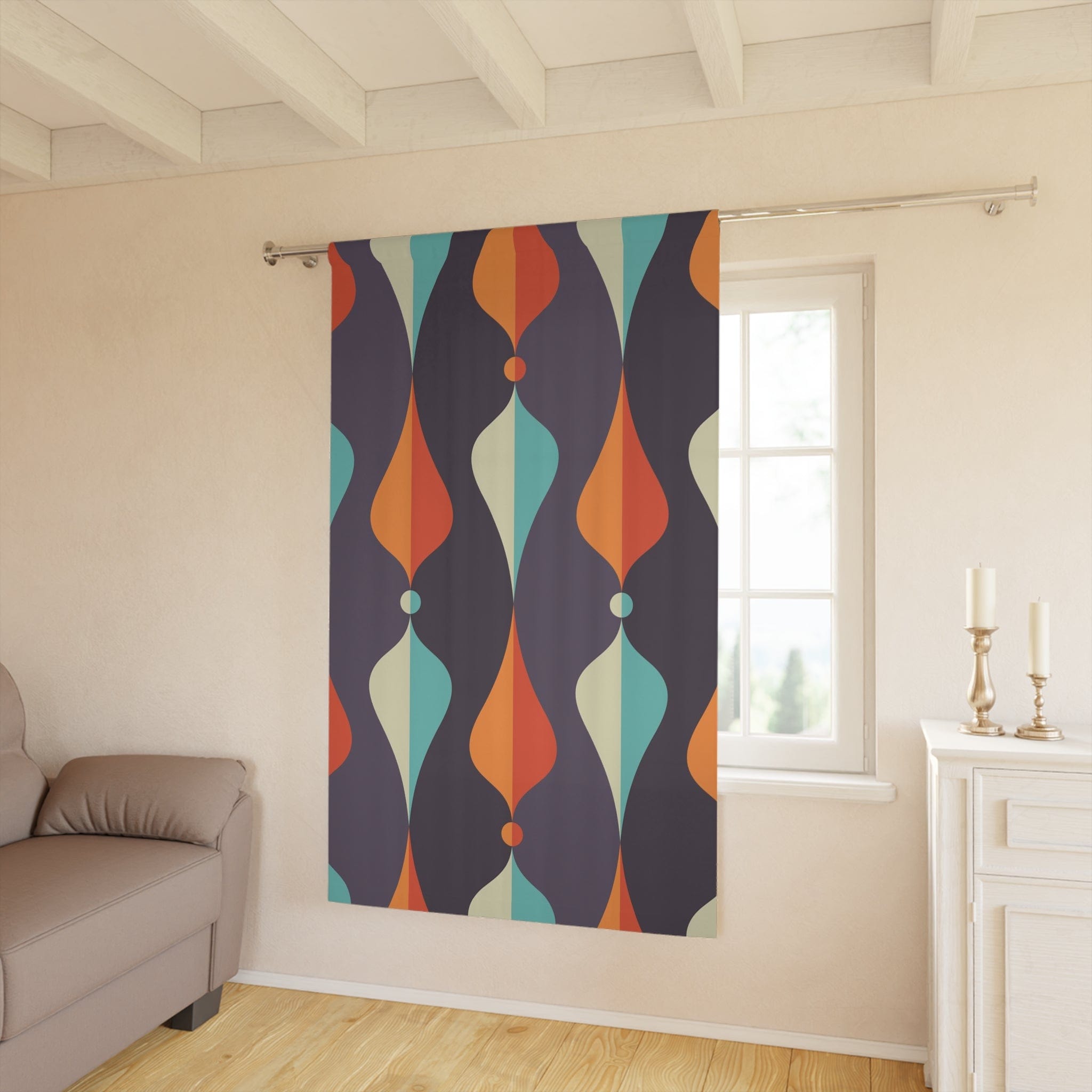Mid Century Modern Window Curtains Geometric Groovy Wave Lanterns, Eggplant Purple, Orange, Mustard Yellow, Teal, Retro Home Mod Home Decor Home Decor Blackout / 50" × 84"