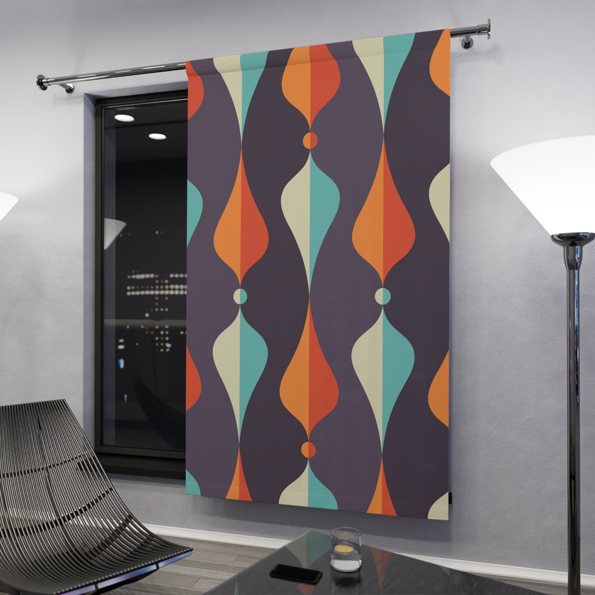 Mid Century Modern Window Curtains Geometric Groovy Wave Lanterns, Eggplant Purple, Orange, Mustard Yellow, Teal, Retro Home Mod Home Decor Home Decor Blackout / 50" × 84"