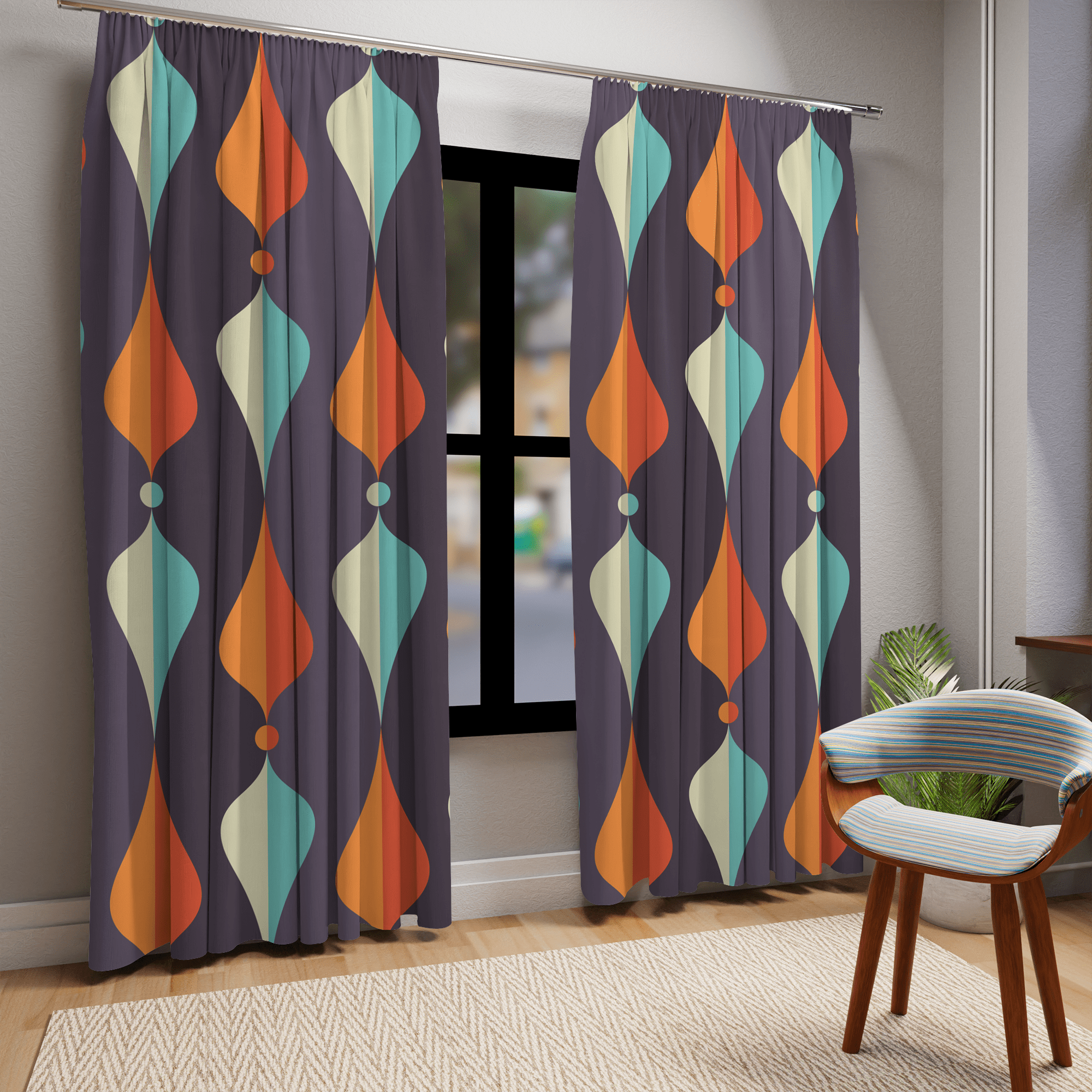 Mid Century Modern Window Curtains Geometric Groovy Wave Lanterns, Eggplant Purple, Orange, Mustard Yellow, Teal, Retro Home Mod Home Decor Home Decor Blackout / 50" × 84"