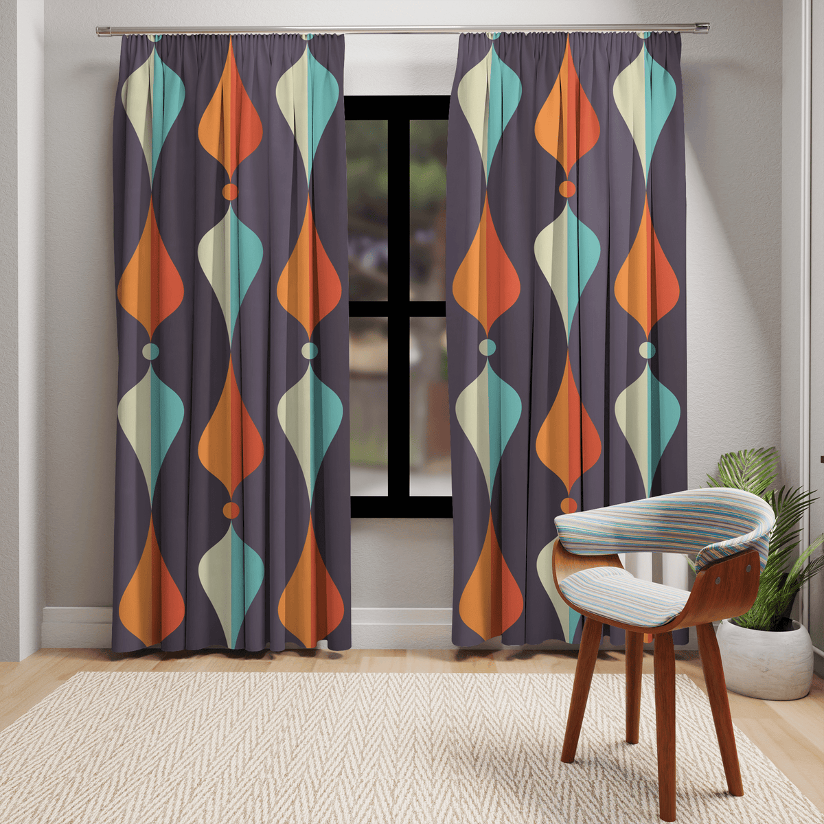 Mid Century Modern Window Curtains Geometric Groovy Wave Lanterns, Eggplant Purple, Orange, Mustard Yellow, Teal, Retro Home Mod Home Decor Home Decor Blackout / 50" × 84"