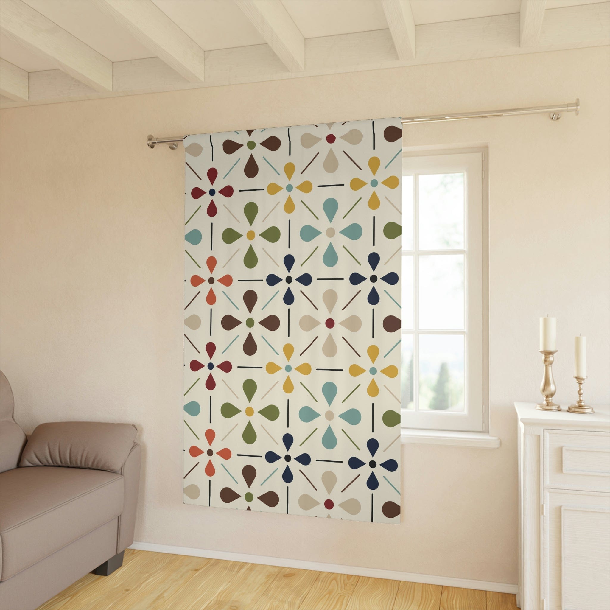 Mid Century Modern Window Curtains, Scandinavian Flower, Modern Retro Beige, Blue, Green, Orange, Brown, Window Curtains Home Decor Blackout / 50" × 84"