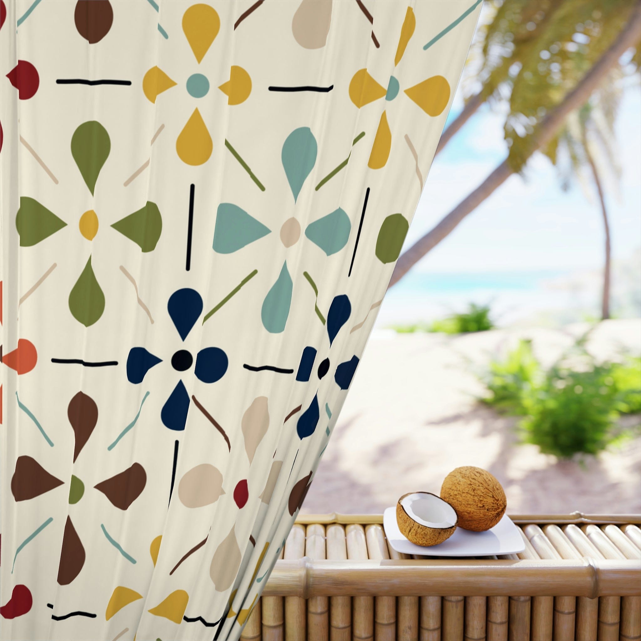 Mid Century Modern Window Curtains, Scandinavian Flower, Modern Retro Beige, Blue, Green, Orange, Brown, Window Curtains Home Decor Blackout / 50" × 84"