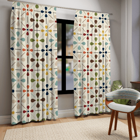 Mid Century Modern Window Curtains, Scandinavian Flower, Modern Retro Beige, Blue, Green, Orange, Brown, Window Curtains Home Decor Blackout / 50" × 84"