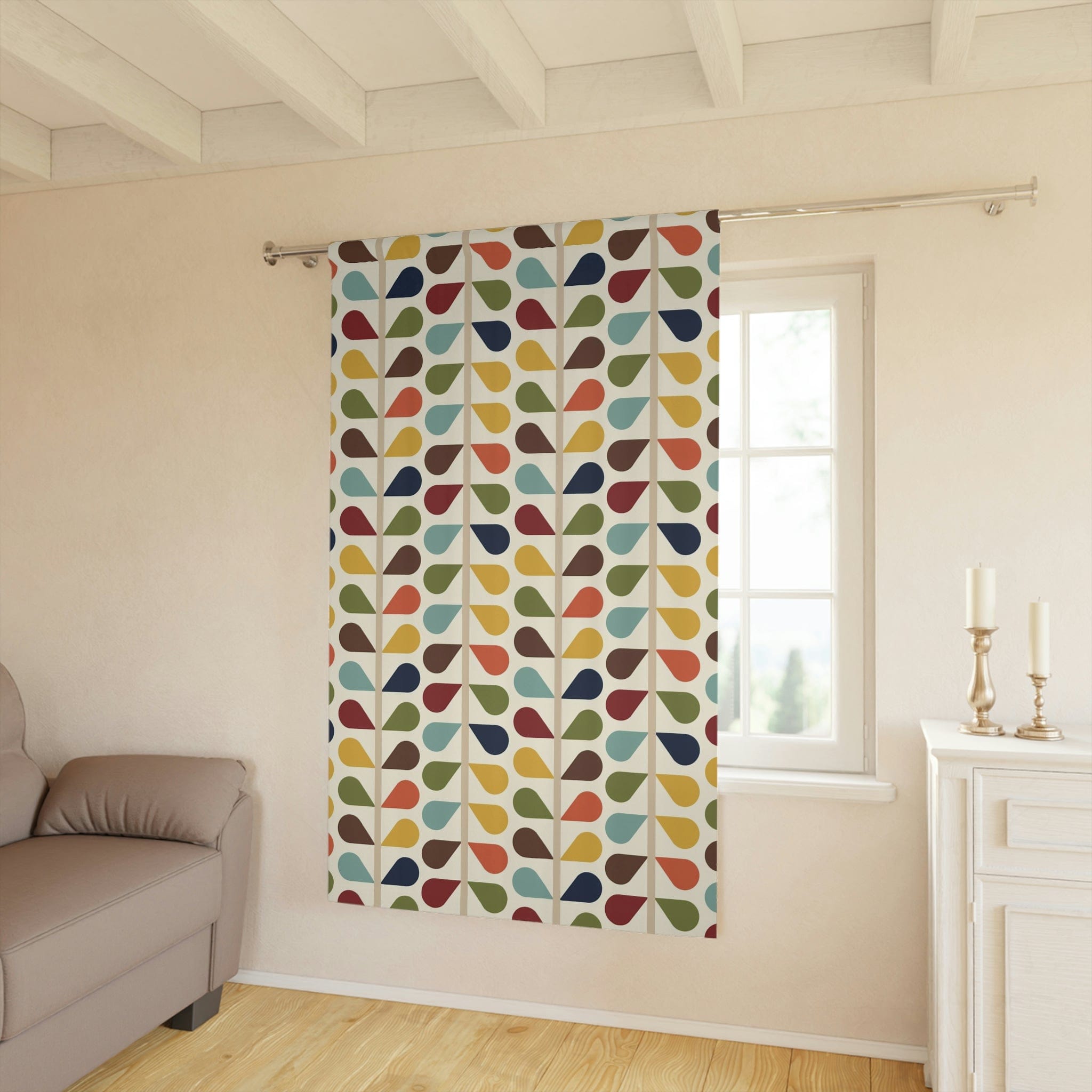 Modern Danish, Scandinavian Flower Design, Minimalist, Mid Century Modern Custom Curtains, Green, Yellow, Orange, Aqua Blue, Retro Mod Home Decor Blackout / 50" × 84"