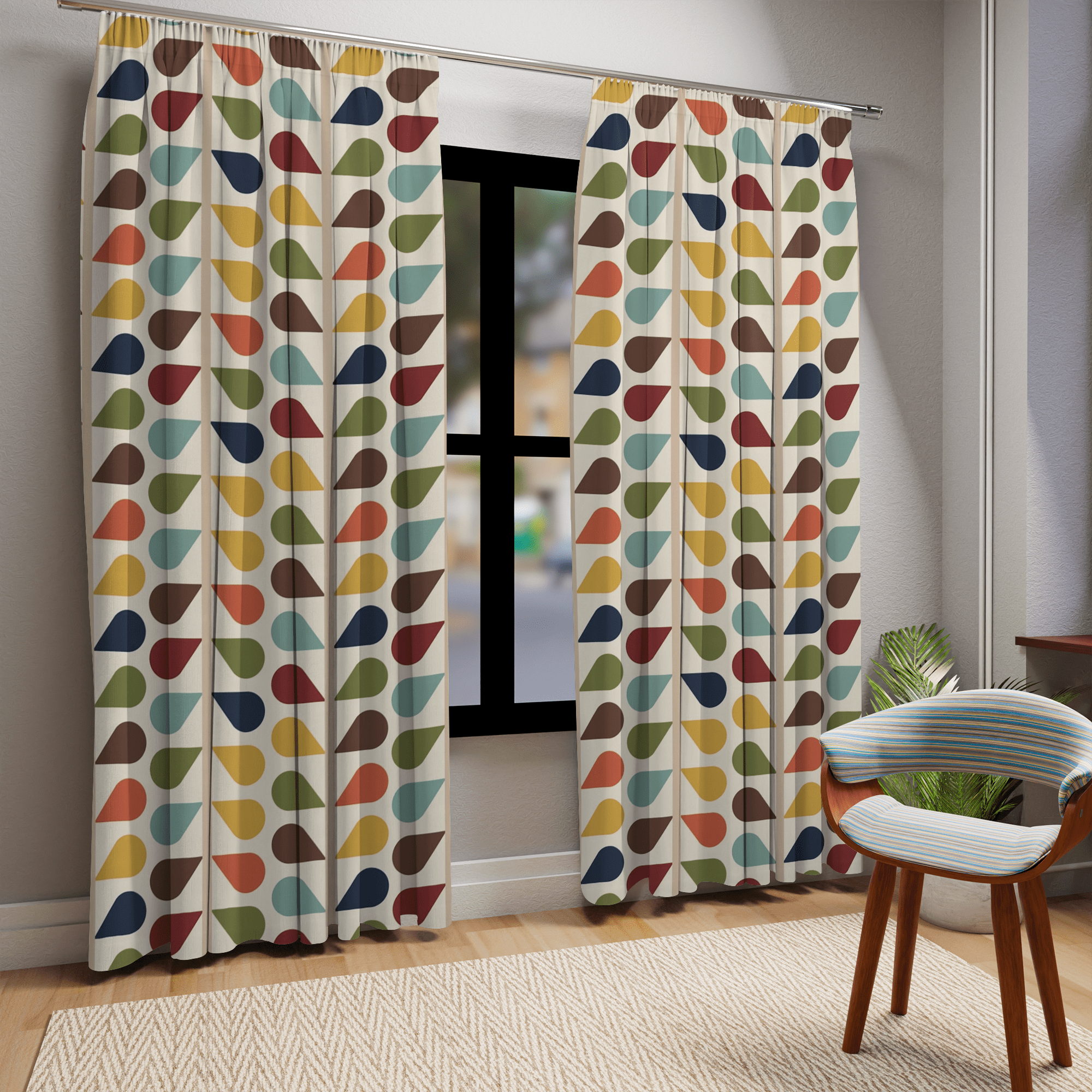 Modern Danish, Scandinavian Flower Design, Minimalist, Mid Century Modern Custom Curtains, Green, Yellow, Orange, Aqua Blue, Retro Mod Home Decor Blackout / 50" × 84"