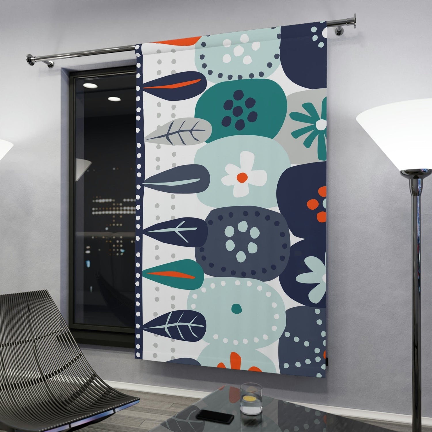 Scandinavian Modern Danish, Hygge Nordic, Mod Flower, Blue, Teal, Orange, Mist Blue, Geometric Flower, Mid Mod Window Curtains Home Decor Blackout / 50" × 84"