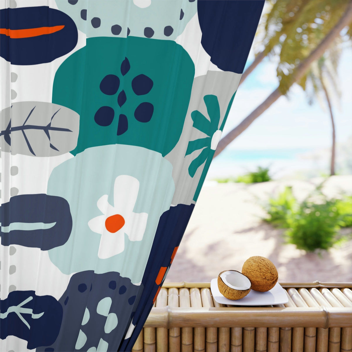 Scandinavian Modern Danish, Hygge Nordic, Mod Flower, Blue, Teal, Orange, Mist Blue, Geometric Flower, Mid Mod Window Curtains Home Decor Blackout / 50" × 84"