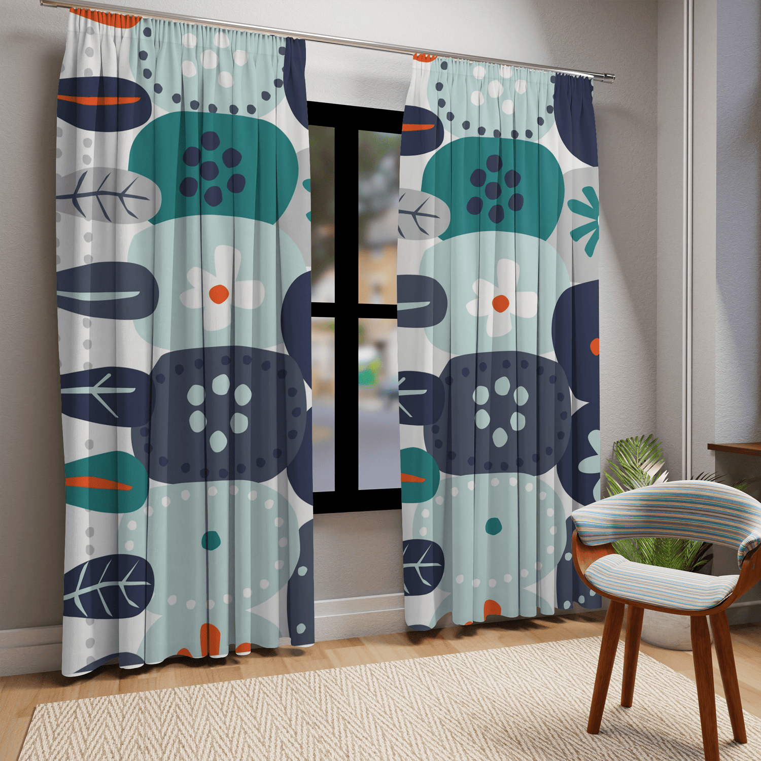 Scandinavian Modern Danish, Hygge Nordic, Mod Flower, Blue, Teal, Orange, Mist Blue, Geometric Flower, Mid Mod Window Curtains Home Decor Blackout / 50" × 84"