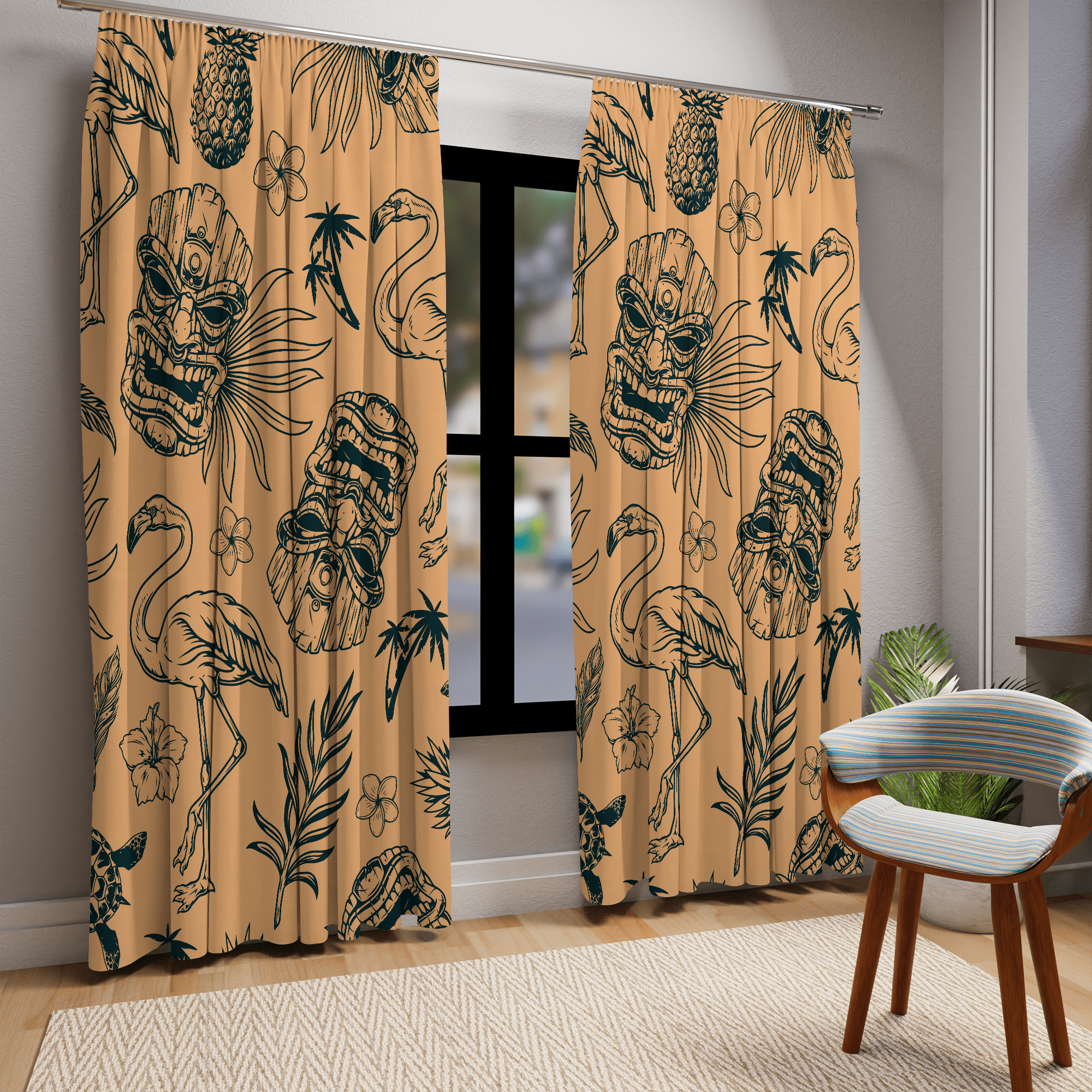 Tiki Home Decor Retro Curtains, Flamingo, Tropical Paradise, Soft Orange, Mid Mod Window Curtains (1 Piece) Home Decor Blackout / 50" × 84"