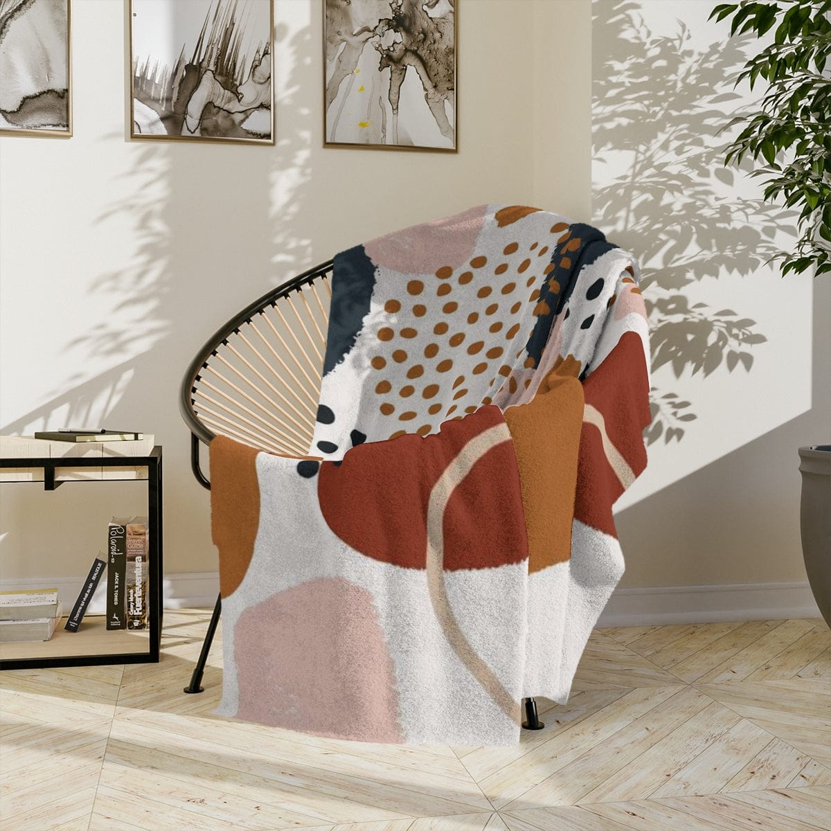 Boho Chic, Abstract Watercolor, Geometric, Retro Plush Pink, Navy Blue, Terracotta, Beige, Modern Bohemian Velveteen Minky Blanket Home Decor