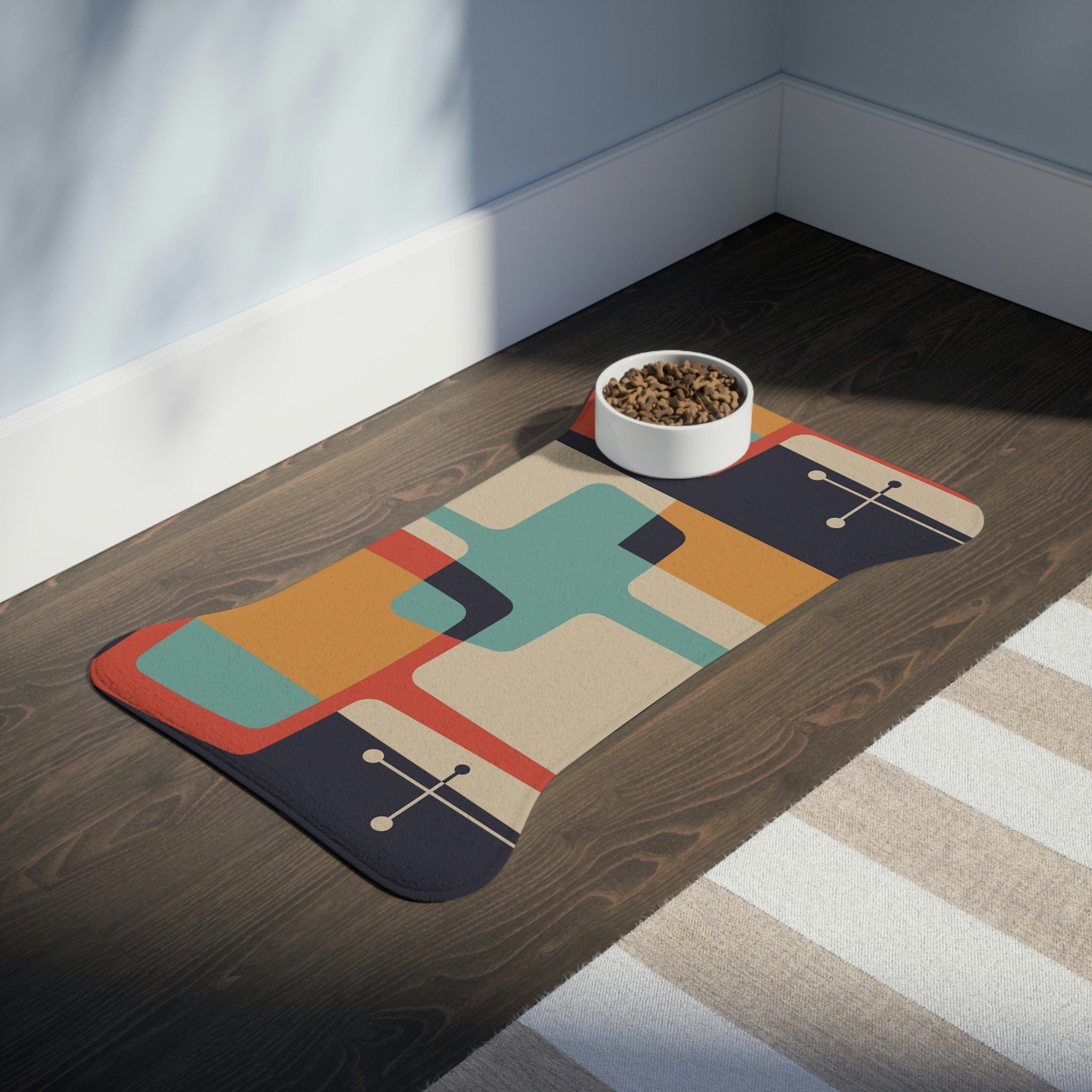 Mid Century Modern, Beige, Charcoal Gray, Mustard Yellow, Aqua Retro, Dog, Cat Pet Feeding Mats Pets Bone shape (30" × 18") / White